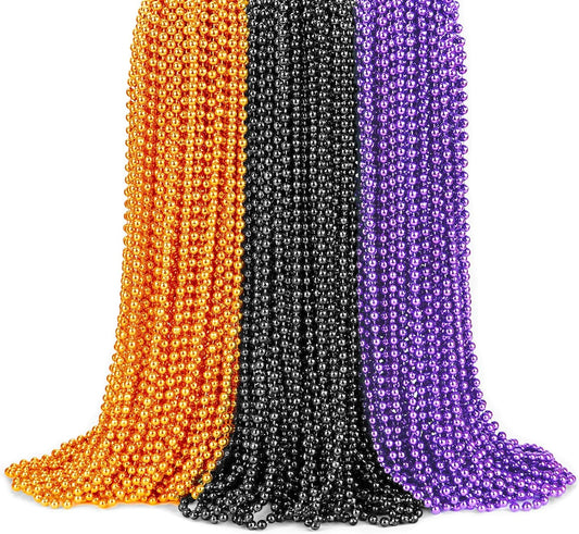 SHAOQINLIN 144PCS Halloween Bead Necklace, Purple Black Orange Bead Necklaces, 33" Metallic Beaded Party Necklaces for Halloween Parade Throws Halloween Trick or Treat Decorations