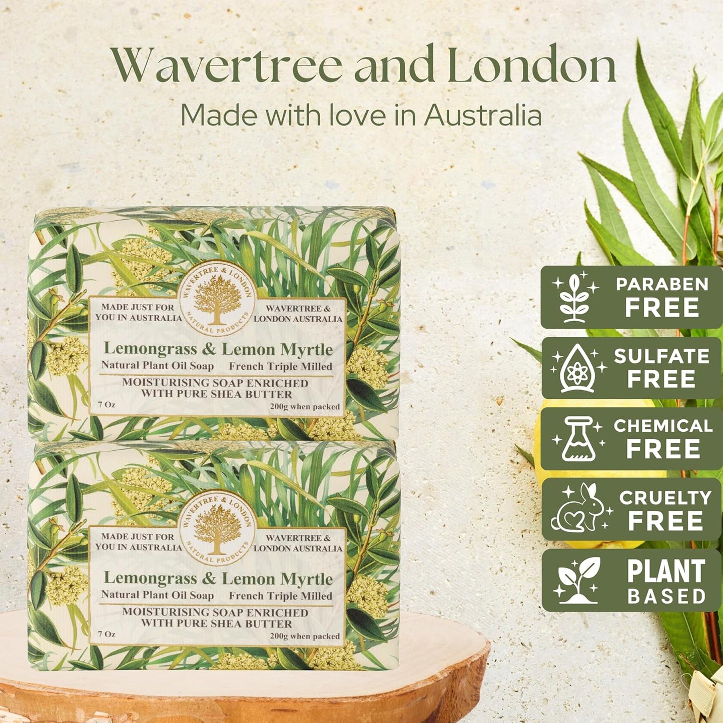 Wavertree & London Lemongrass & Lemon Myrtle Scented Natural Soap (2 Bars), 7oz Moisturizing French Triple Milled Soap Bars enriched with shea butter - Pure Plant Oil Bath & Body Soap Bars
