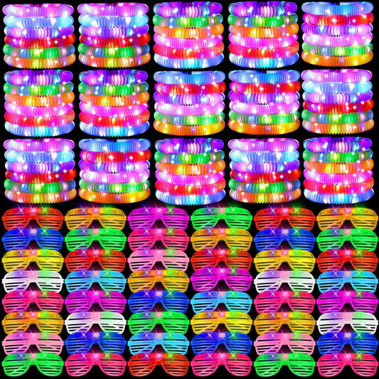76 Pcs Glow Light Up Pop Tubes &LED Glasses Sticks Party Favors, Glow Bracelets Necklaces Camping Toys, Rave Neon Flashing Glasses for Birthday Return Gift Goodie Bag Christmas Stuffer School Prizes