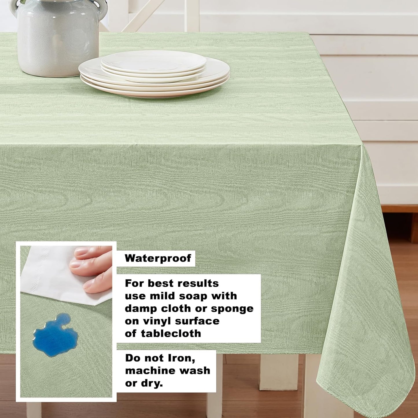 Newbridge Vinyl Flannel Backed Tablecloth, 52 x 70 Inch Rectangle, Sage Green Moire Wavy Solid Design, Heavyweight Indoor Outdoor Waterproof Table Cover, Easy Care Wipe Clean