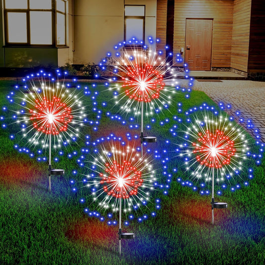 4 Pack Christmas Solar Firework Lights Decorations Garden Pathway Solar Power Light Stake Waterproof Landscape Lamp with 180 LED 8 Modes for Christmas Party Decoration(Red, White, Blue)