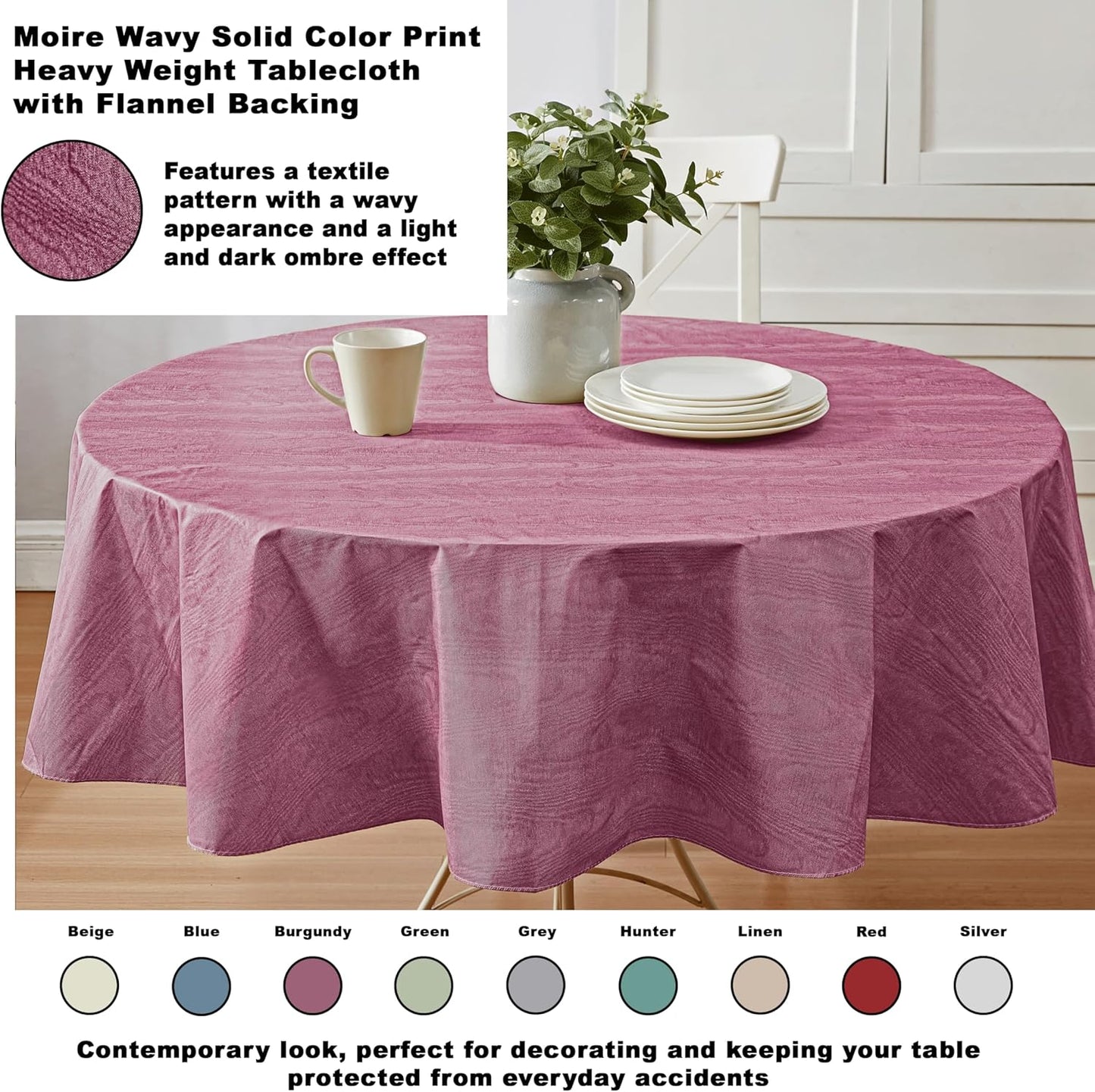 Newbridge Vinyl Flannel Backed Tablecloth, 70 inch Round, Burgundy Moire Wavy Solid Design, Heavyweight Indoor Outdoor Waterproof Table Cover, Easy Care Wipe Clean