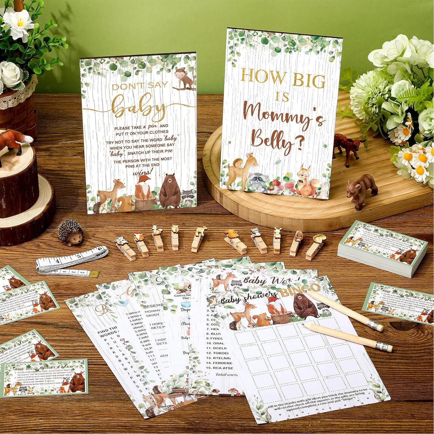 426 Pcs Woodland Baby Shower Games Set-8 Games, Includes Baby Shower Bingo, Price is Right, Guess Who, Word Scramble, Prediction and Advice, How Big is Mommy's Belly, Don't Say The Words