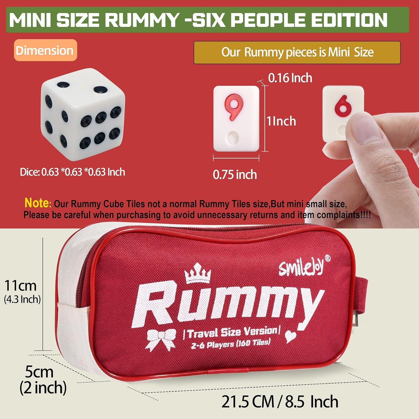 Smilejoy Mini Rummy Cube Six Player Edition, Travel Rummy Game Set with Portable Canvas Bag,Classic Board Game for Adults and Kids |160 Tiles|6 Playing Racks|1 Dice (2-6 Player)