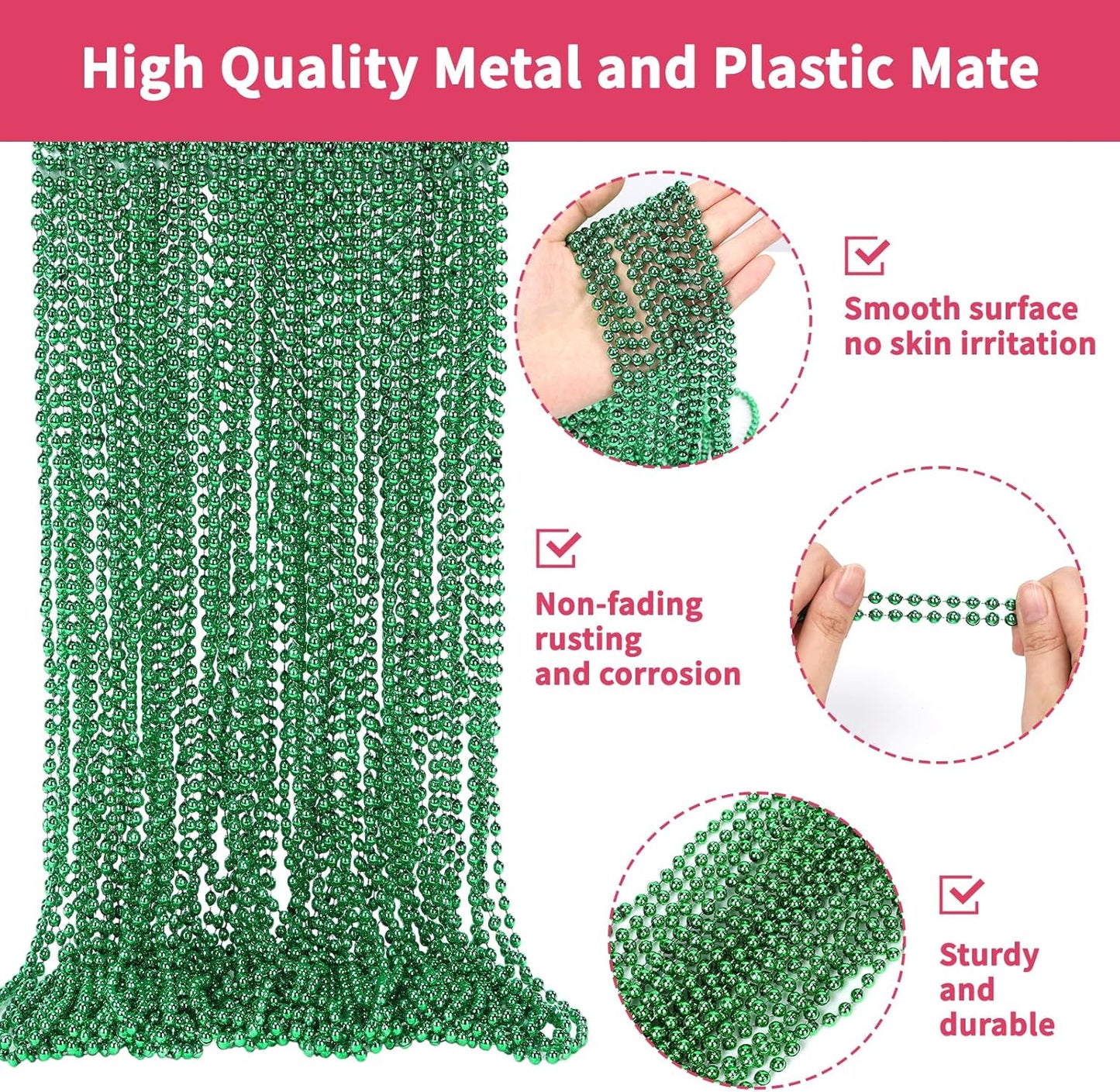 48 Pack Mardi Gras Beads Necklaces, 33 Inch Plastic Beads for Party Favors, Festival Decorations, Parade Throws, Christmas, St. Patrick's Day Celebrations