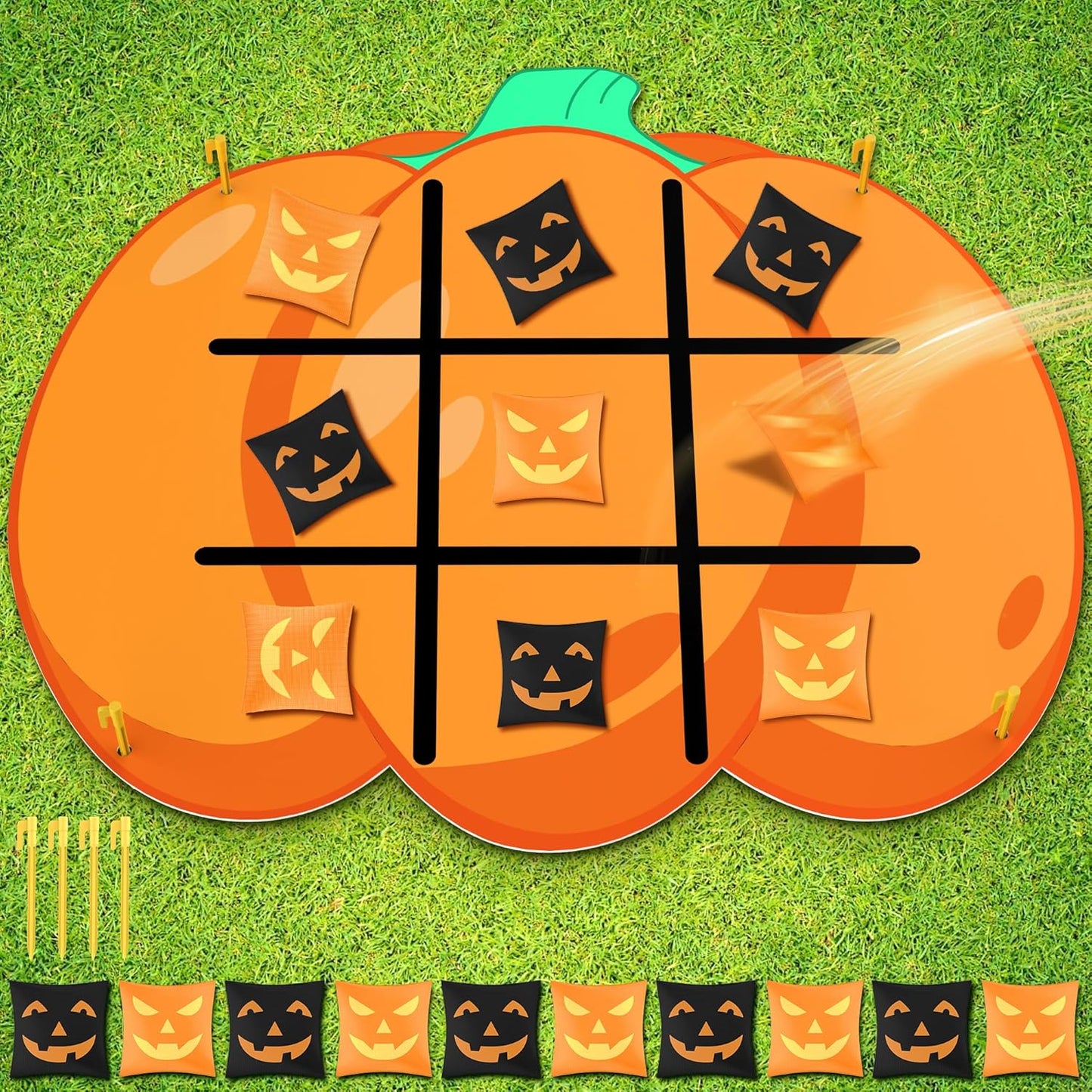 Halloween Pumpkin Party Favors Tic Tac Toe Bean Bag Game for Kids,Bean Bag Toss Across for Indoor Outdoor Yard Background Lawn Adults Family Night Halloween Activities 10 Bean Bags