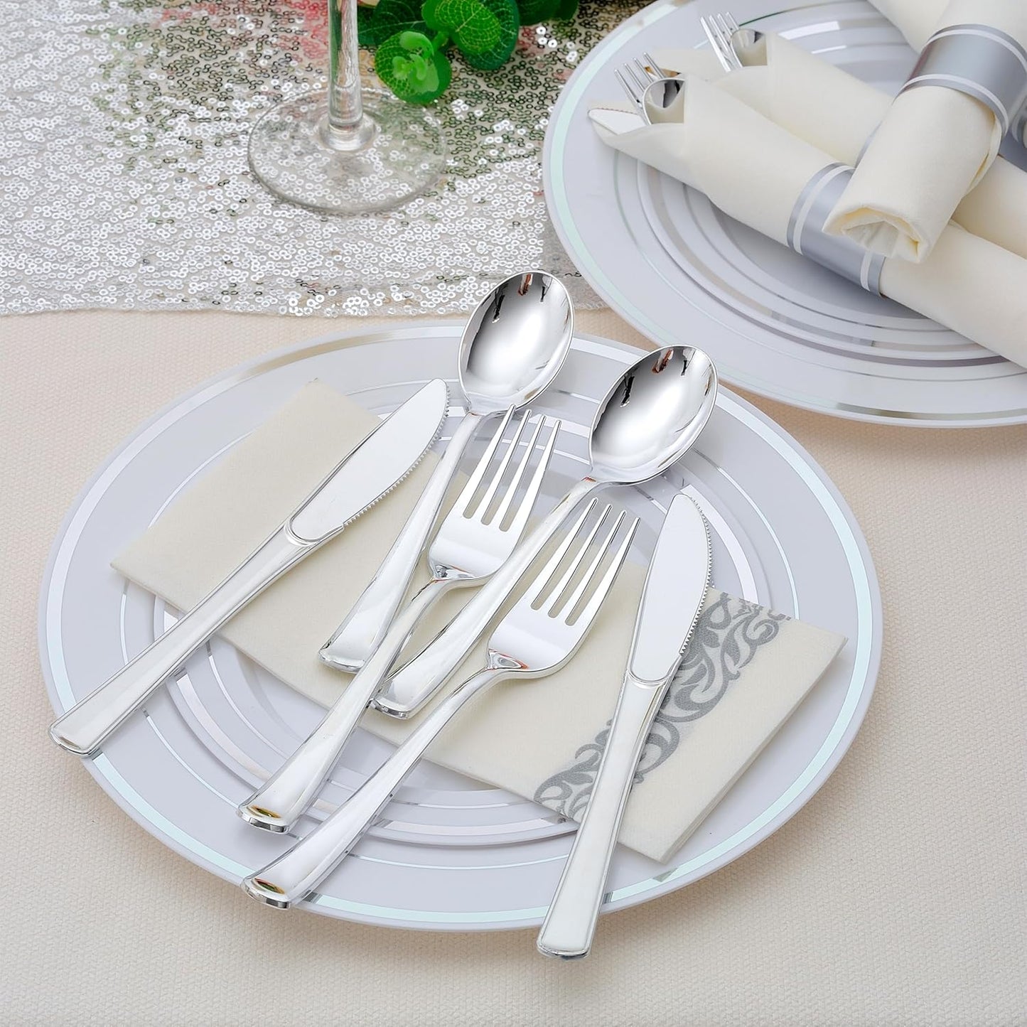 100 Pack Pre Rolled Silver Plastic Silverware Set with Napkins,Disposable Wrapped Heavy Duty Cutlery Set for Wedding Birthday Party-100 Forks,Knives,Spoon,Utensils Set,Plasticware Bulk