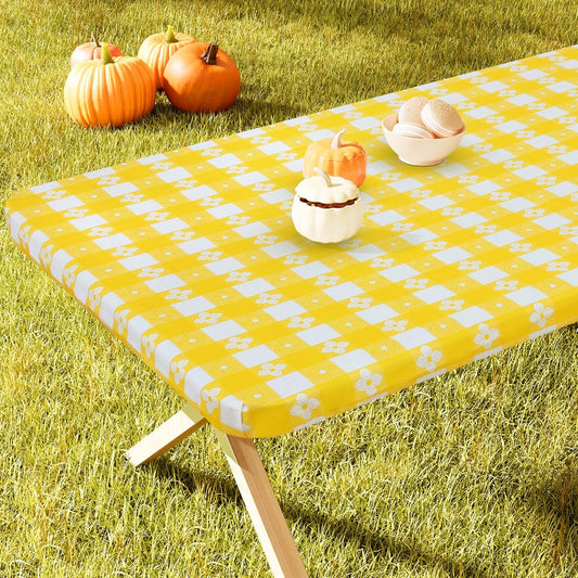 Rectangle Vinyl Table Cloth, Waterproof Elastic Fitted Tablecloth with Flannel Backing, Plastic Table Cover for Picnic, Camping, Outdoor (White & Yellow, 30"x96")