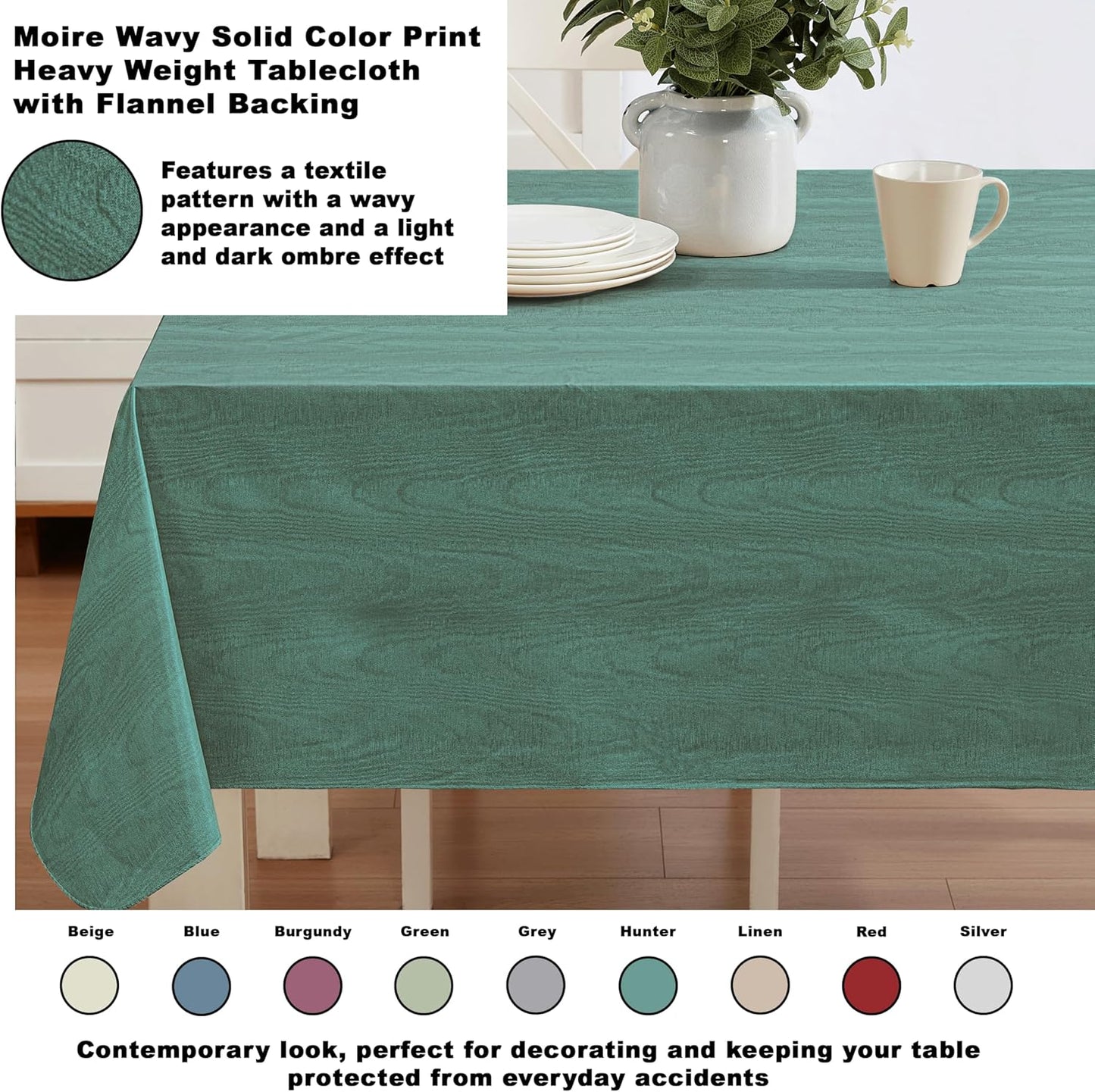 Newbridge Vinyl Flannel Backed Tablecloth, 60 x 102 Inch Rectangle, Hunter Green Moire Wavy Solid Design, Heavyweight Indoor Outdoor Waterproof Table Cover, Easy Care Wipe Clean