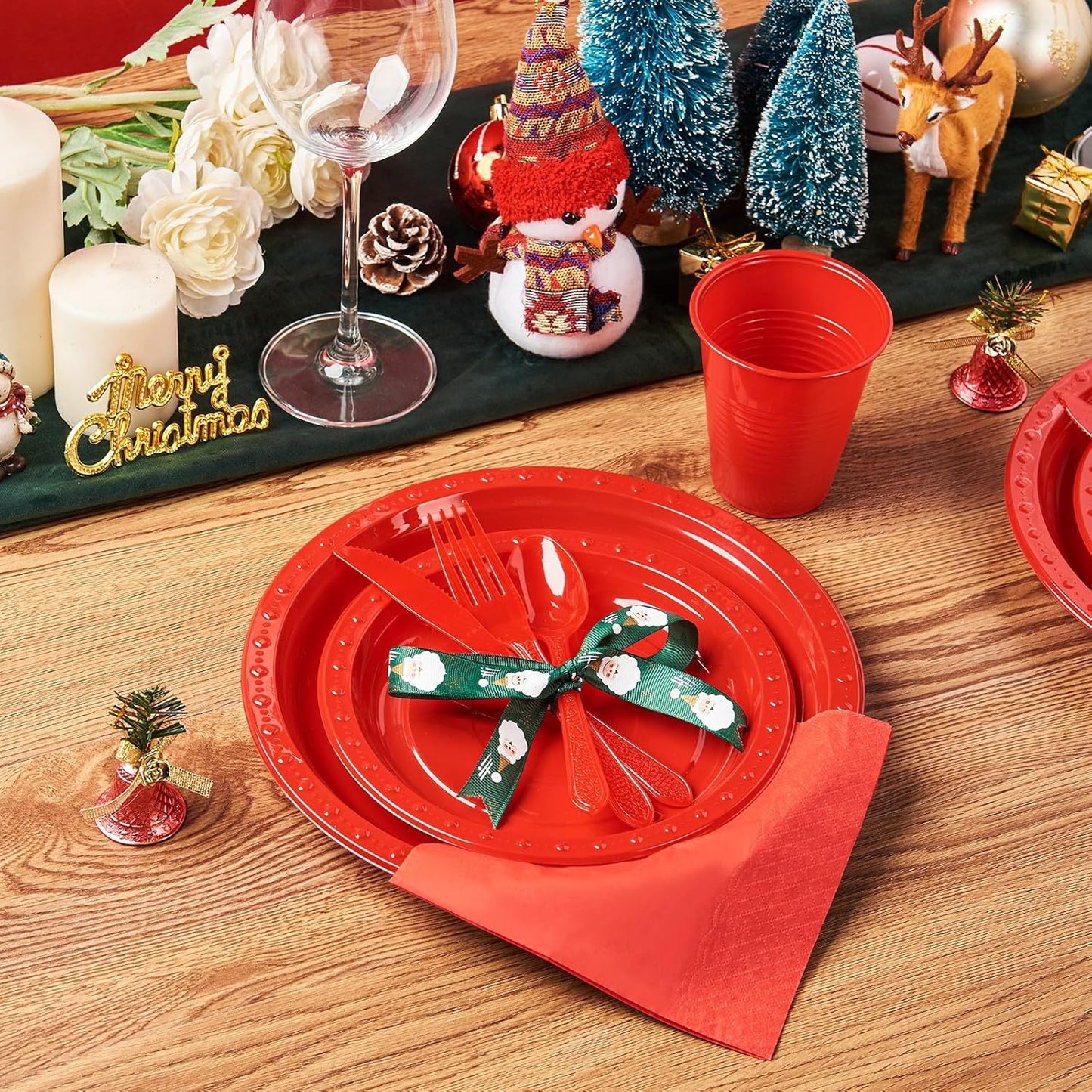 175 PCS Red Plastic Dinnerware Set Includes 50 Plates, 25 Cups, 25 Napkins, 25 Cutlery Spoons Forks & Knives, Disposable Dinnerware Set, Red Party Supplies Set