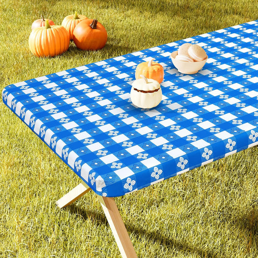Rectangle Vinyl Table Cloth, Waterproof Elastic Fitted Tablecloth with Flannel Backing, Plastic Table Cover for Picnic, Camping, Outdoor (Blue & White, 30"x60")