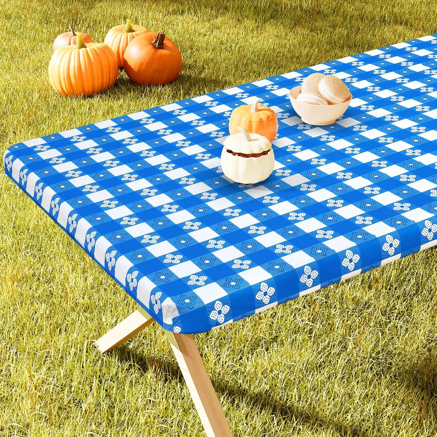 Rectangle Vinyl Table Cloth, Waterproof Elastic Fitted Tablecloth with Flannel Backing, Plastic Table Cover for Picnic, Camping, Outdoor (Blue & White, 30"x48")