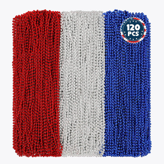 120 PCS 4th of July Necklace, 33" Red Silver Blue Metallic Beaded Necklaces, Independence Day Party Accessories Patriotic Bead Necklace for Memorial Day Fourth of July Parades Party Supplies