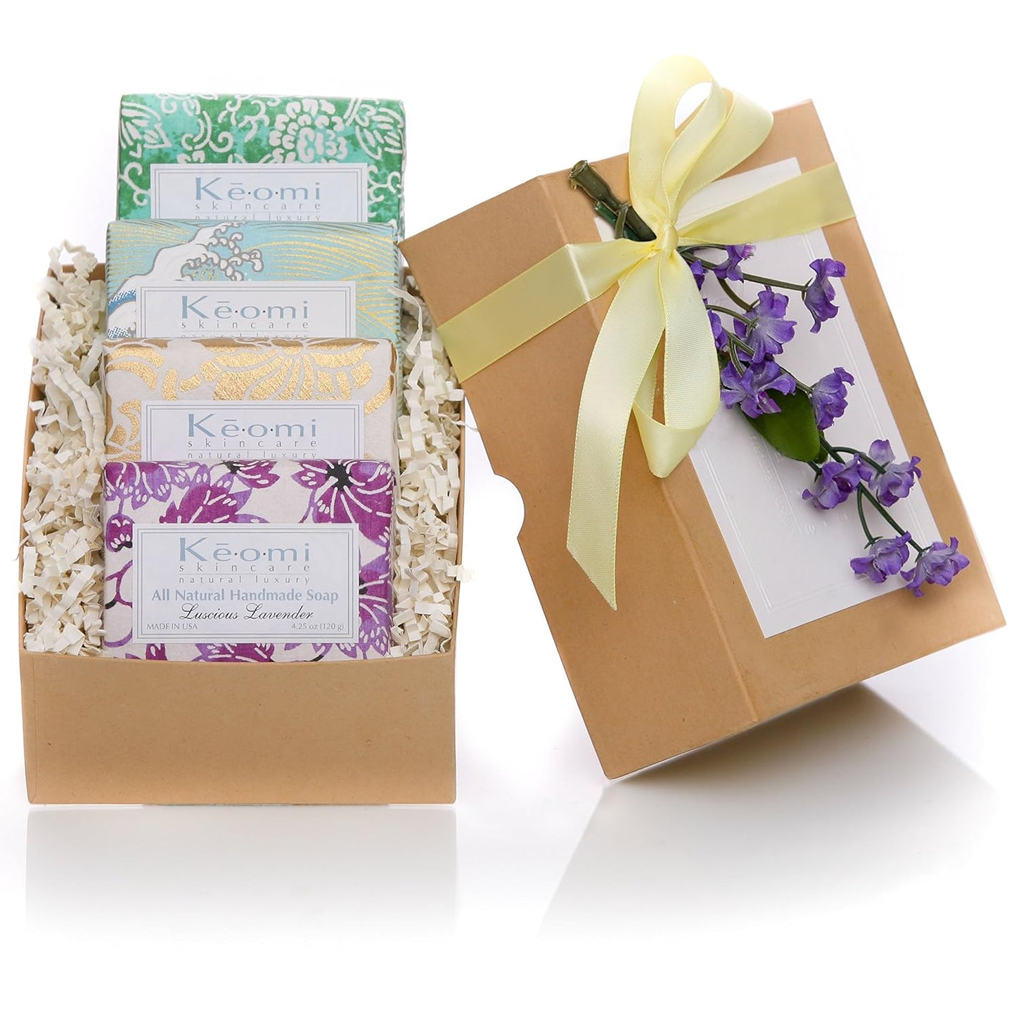 Organic Luxury Handmade 4 Bar Soap Gift Set by KEOMI NATURALS - Gift Boxed & Ready to Give - PAMPER THEM w/LUXURY WHILE LIFTING THEIR SPIRITS