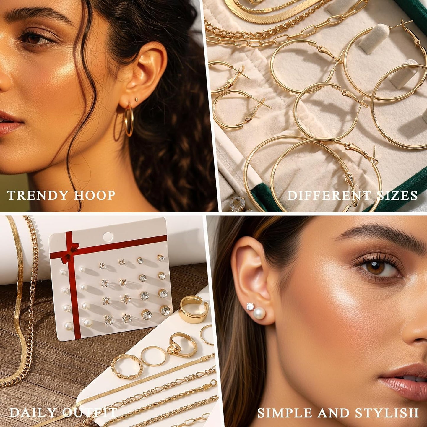 YEEZII Gold Jewelry Set for Women with 5Pcs Layered Necklace, 5Pcs Layered Necklace, 12 Bracelets, 4 Hoop Earrings, 8 Stackable Rings, 10 hairpins, 12 Studs Earrings Jewerly set for Women