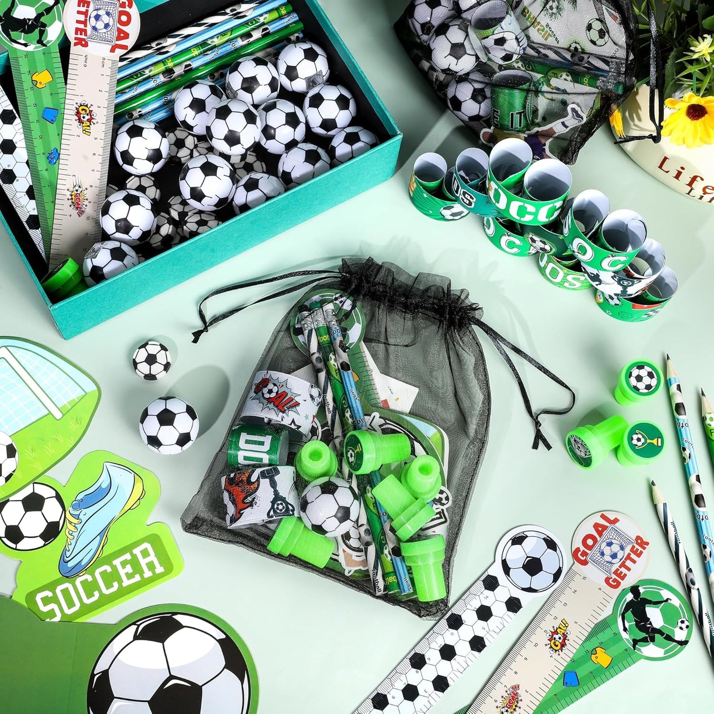 Aneco 340 Pieces Soccer Party Favor Set Soccer Goodie Bags Stuffers Mini Card Pencils Sharpener Eraser Stamp Slap Bracelet Sticker School Stationery Bulk for Sports Party Team Game Prize Birthday Gift