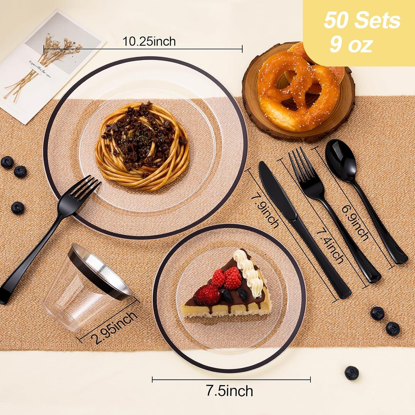 350PCS Black and Clear Plastic Dinnerware Sets for 50 Guests, Include 100 Black Disposable Plates, 100 Forks, 50 Knives, 50 Spoons, 50 Cups,Halloween