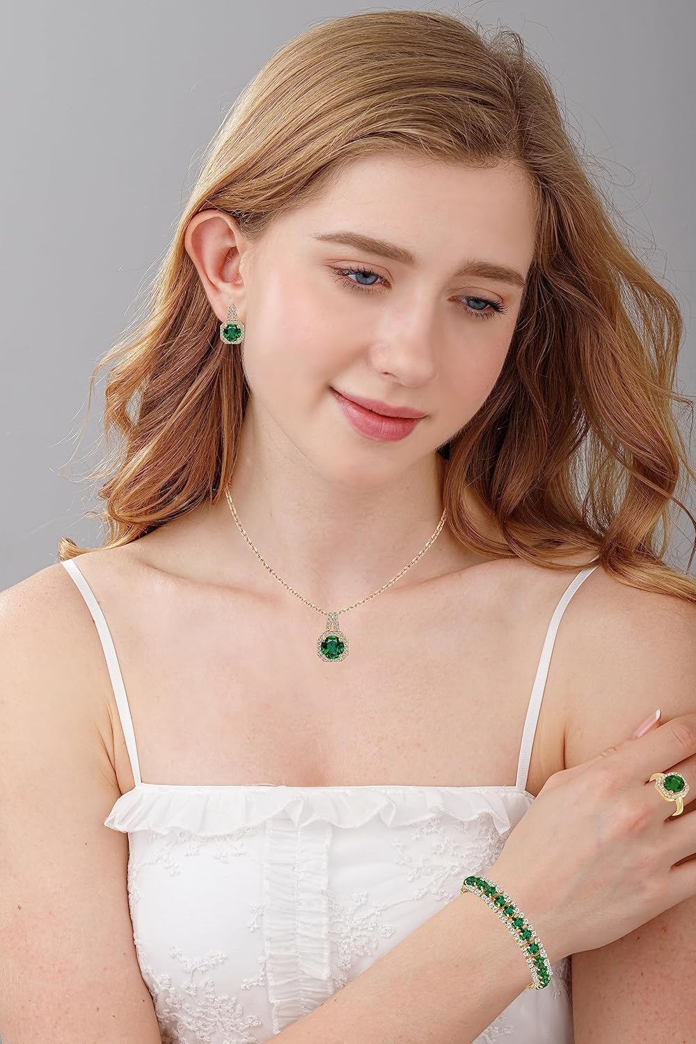 4pcs Cubic Zirconia Wedding Jewelry Sets for Bride Bridesmaid Cubic Zirconia Pendant Necklace Earrings Link Tennis Bracelet Open Ring Set for Women