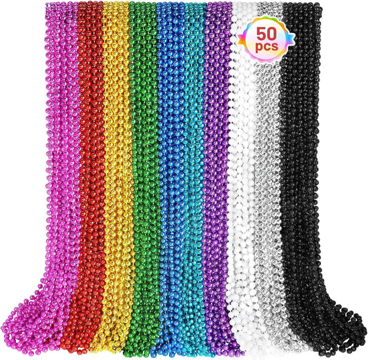 SHAOQINLIN 50 PCS Mardi Gras Beads Necklaces, 10 Colors 33 Inch Colorful Bead Necklaces Bulk Party Beads Round Beaded Necklace for Mardi Gras, St. Patrick's Day, Christmas, Carnival Party Favor