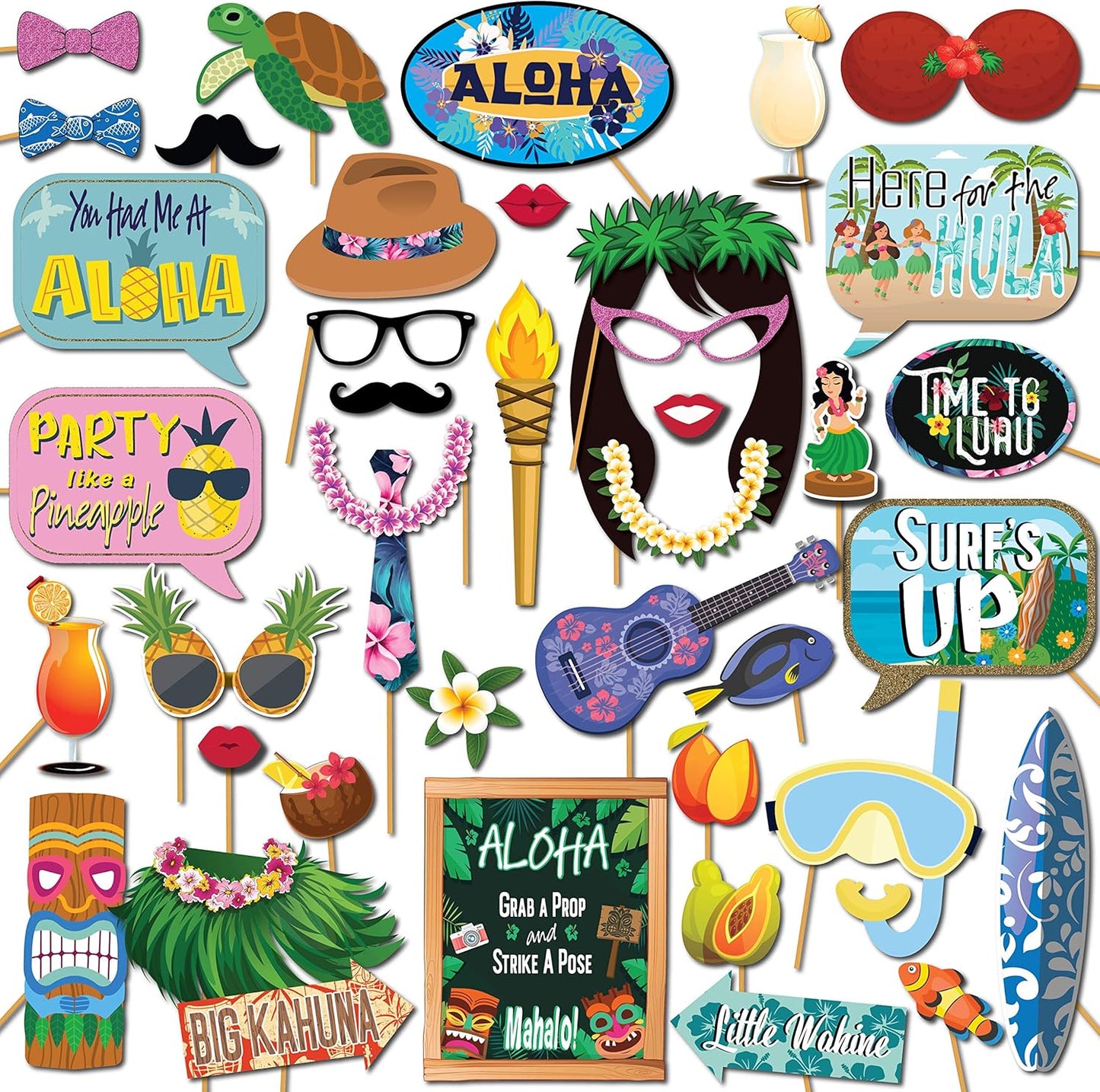 Hawaiian Photo Booth Props - 41-pc Luau Photo Props Kit with 8 x 10-Inch Sign, 60 Glue Dots, 45 Sticks - Vacation Props - Photo Booth Props Summer