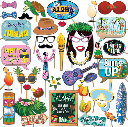 Hawaiian Photo Booth Props - 41-pc Luau Photo Props Kit with 8 x 10-Inch Sign, 60 Glue Dots, 45 Sticks - Vacation Props - Photo Booth Props Summer
