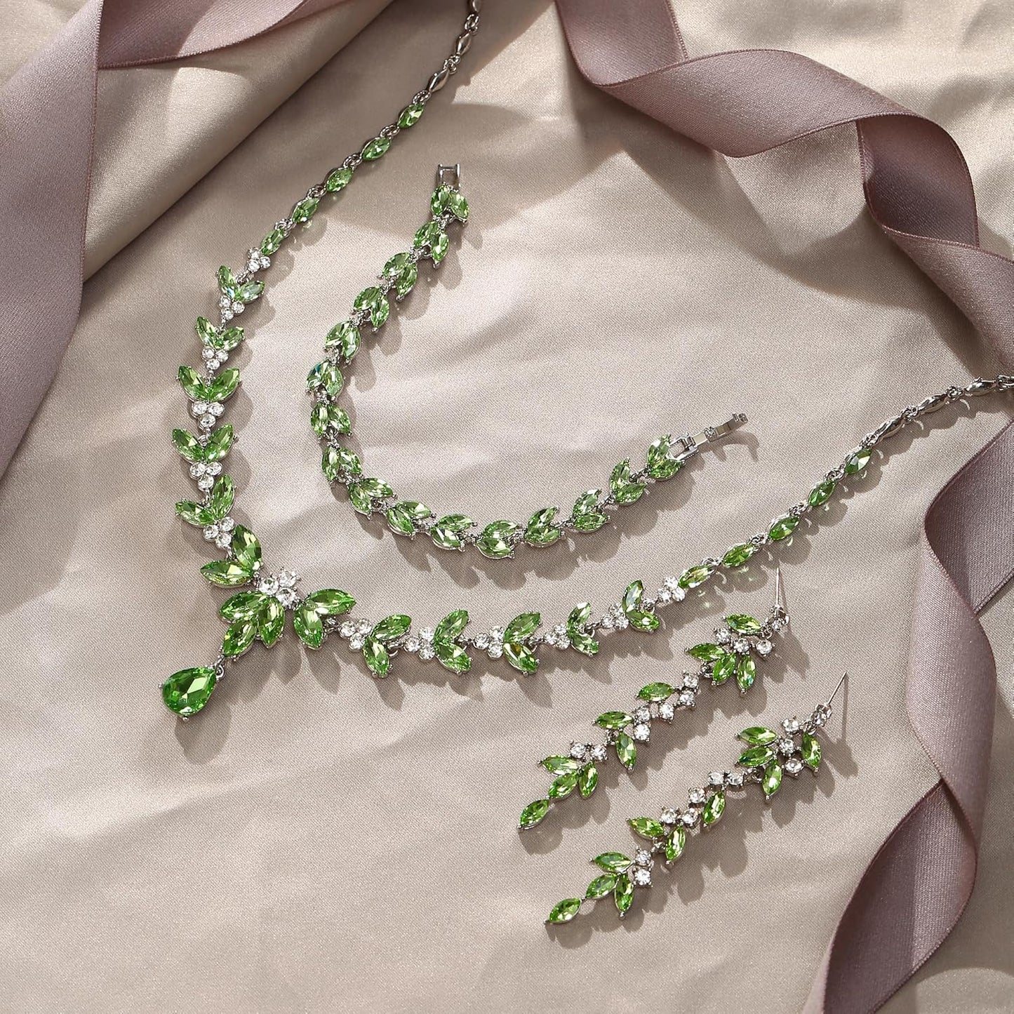 EVER FAITH Austrian Crystal Bridal Bridesmaid Jewelry Sets, Elegant Marquise Rhinestone Leaf Necklace Dangle Earrings Tennis Bracelet Set for Women