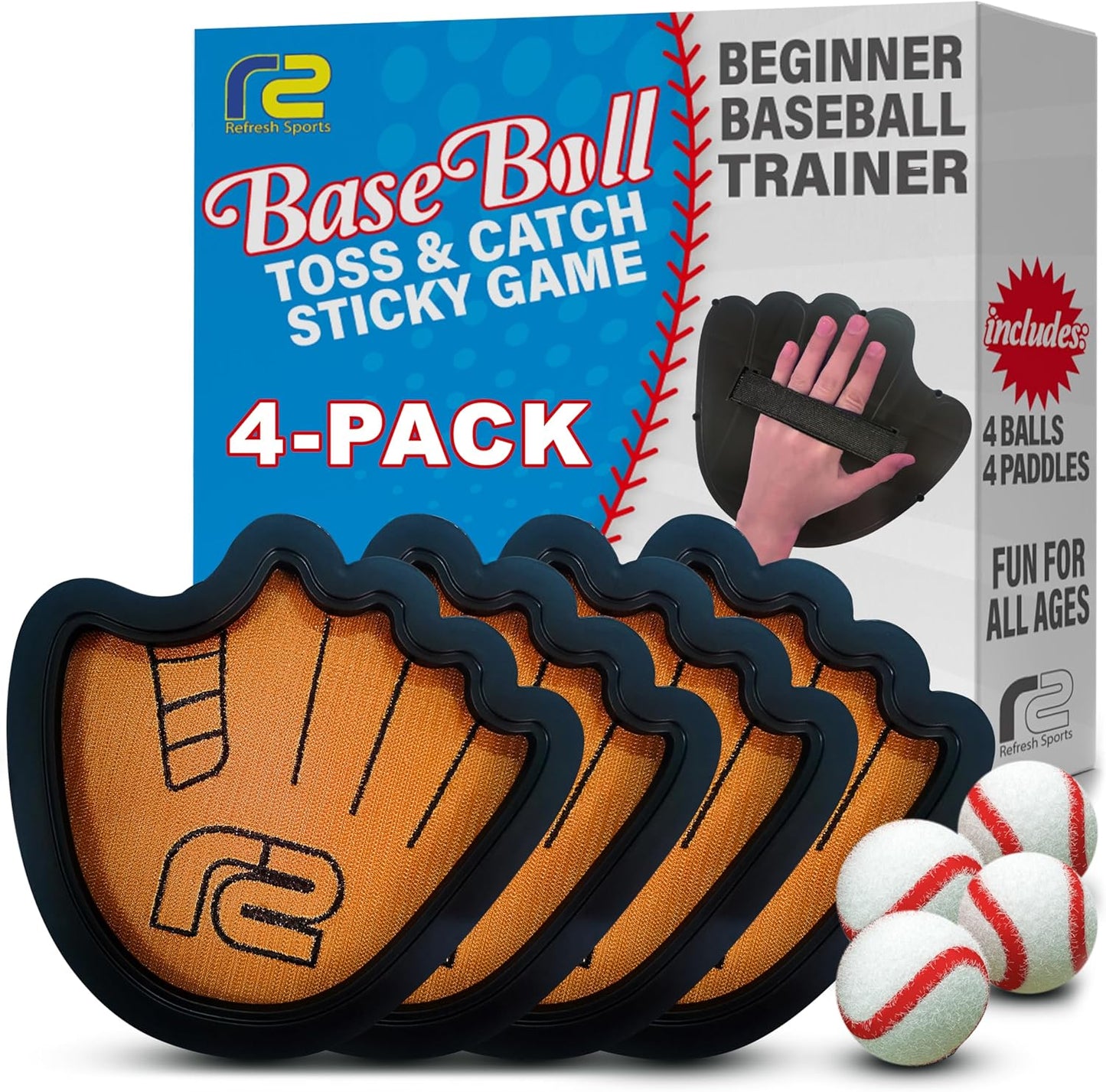Toss and Catch Ball Game Set - Easy to Use Sticky Balls & Beginner Baseball Training Glove - Premium Toy Paddle Fits All Hand Sizes From Toddlers to Teens & Adults - Fun Gift Idea for Boys and Girls