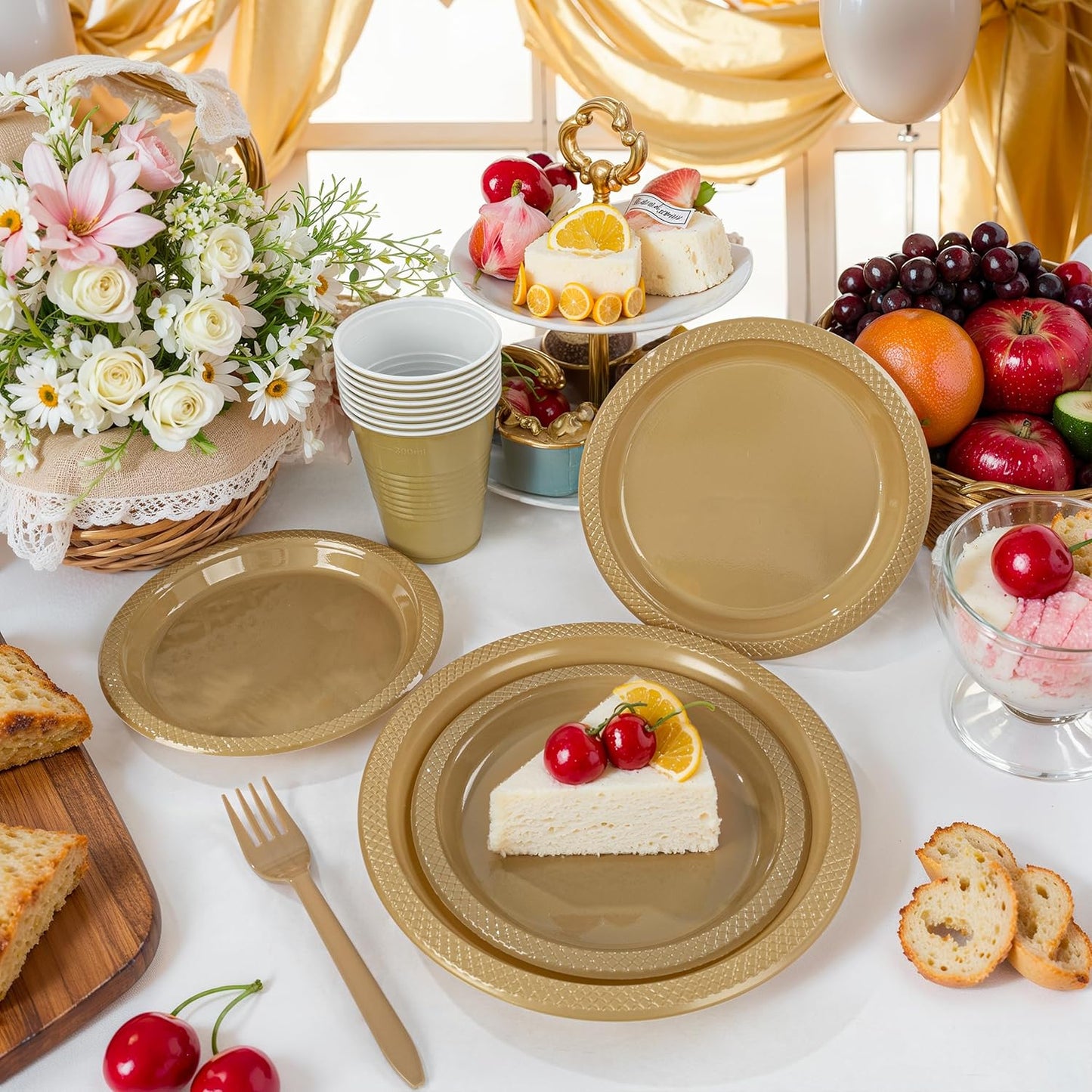 MirthMood 350PCS Gold Plastic Plates,Gold Disposable Plates –Plastic Plates Set Includes 50 Dinner,50 Dessert Plate,50 Cup&50 Napkins, 50 gold Silverware for Wedding& Parties& Birthday