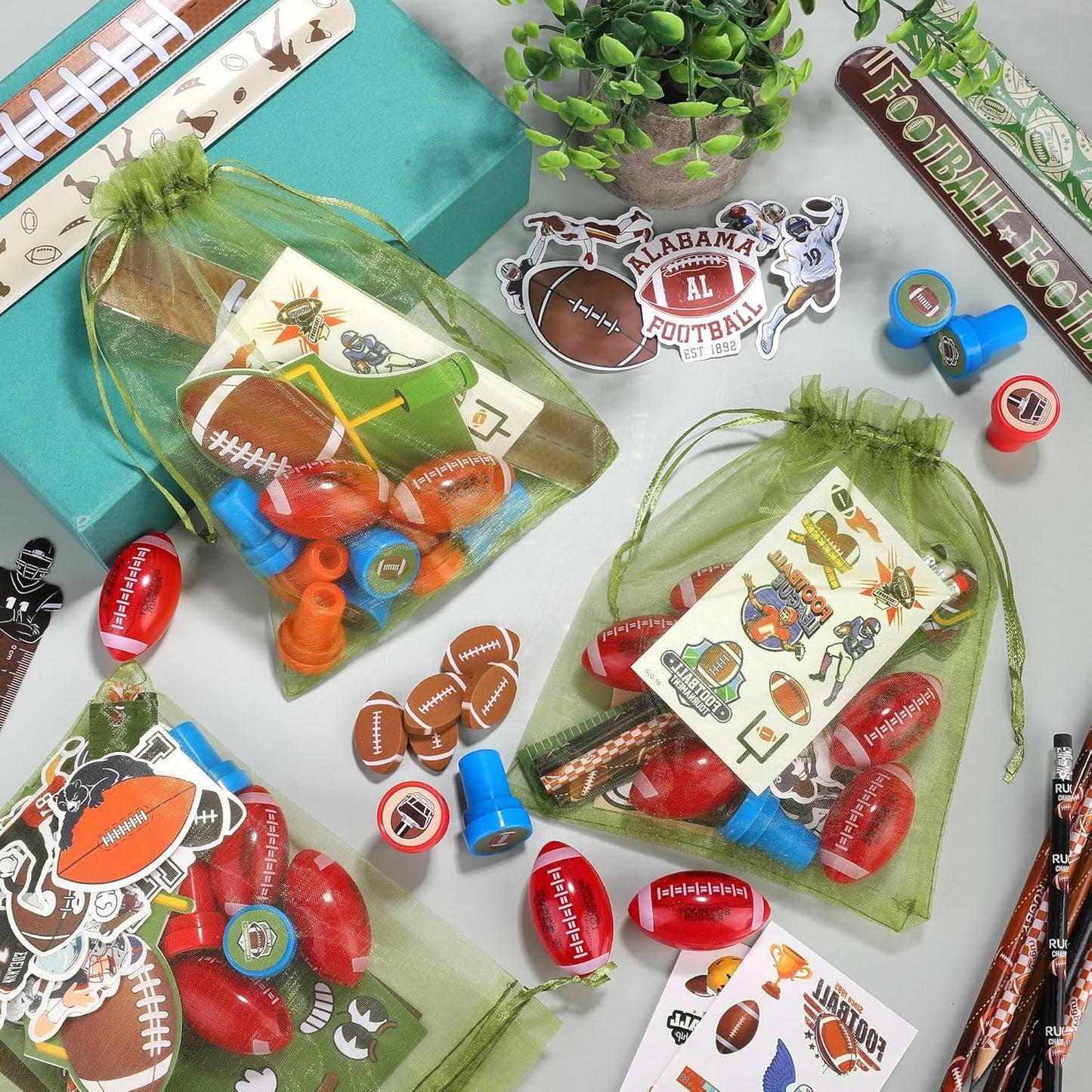 Aneco 340 Piece Football Party Favor Set Football Goodie Bag Stuffers Mini Card Pencil Sharpener Eraser Stamp Slap Bracelet Sticker School Stationery Bulk for Sport Party Team Game Prize Birthday Gift