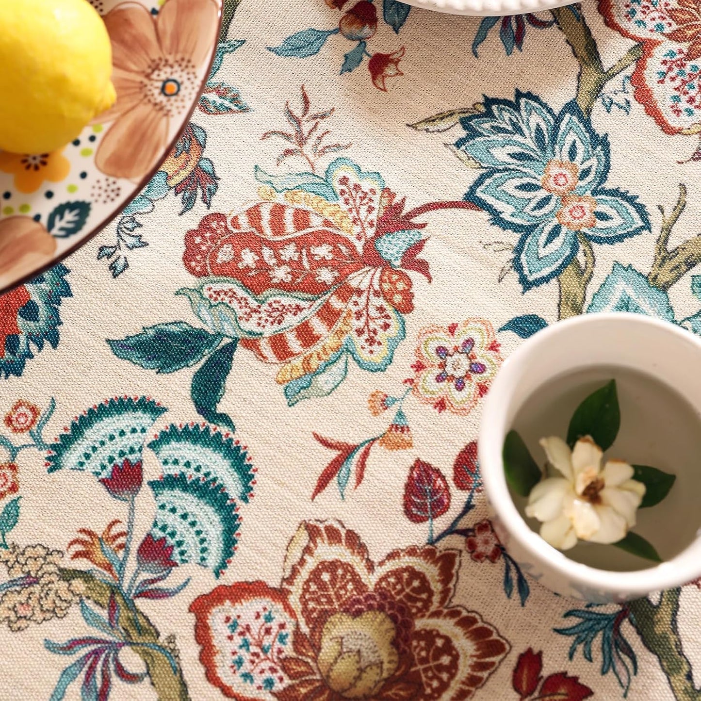 Linen Colorful Floral Rectangle Tablecloth,Vintage Indian Colorfast Block Print Table Cloth,Decorative Table Cover for Kitchen,Dining,Thanksgiving,Christmas,Party,63"*87"-Mangala