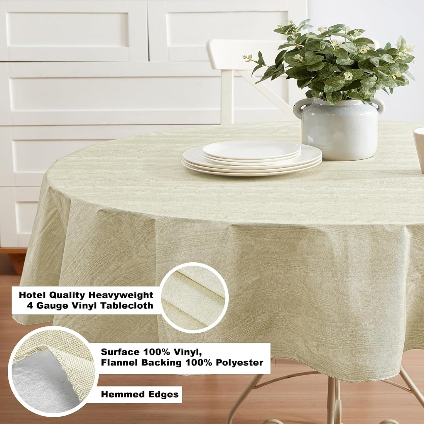 Newbridge Vinyl Flannel Backed Tablecloth, 60 x 84 Inch Oval, Beige Moire Wavy Solid Design, Heavyweight Indoor Outdoor Waterproof Table Cover, Easy Care Wipe Clean