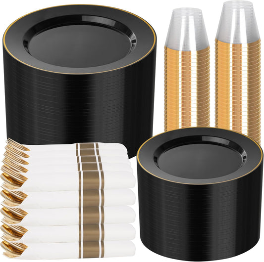 SUT 350 Pcs Black and Gold Plastic Dinnerware Set for 50 Guests, Include: 50 Dinner Plates, 50 Dessert Plates, 50 Pre Rolled Napkins With Silverware, 50 Cups, Disposable Plates for Party