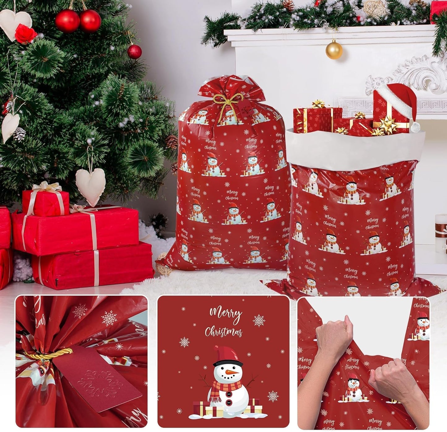 Childom 2 Pcs Large Christmas Gift Bags,Large Gift Bag 57"x 37" Jumbo Christmas Gifts Bag,Giant Plastic Gifts Bags with Tag,Rope,XL Red Snowman Sack for Huge Presents,Xmas Decor,Party Favors Wrapping