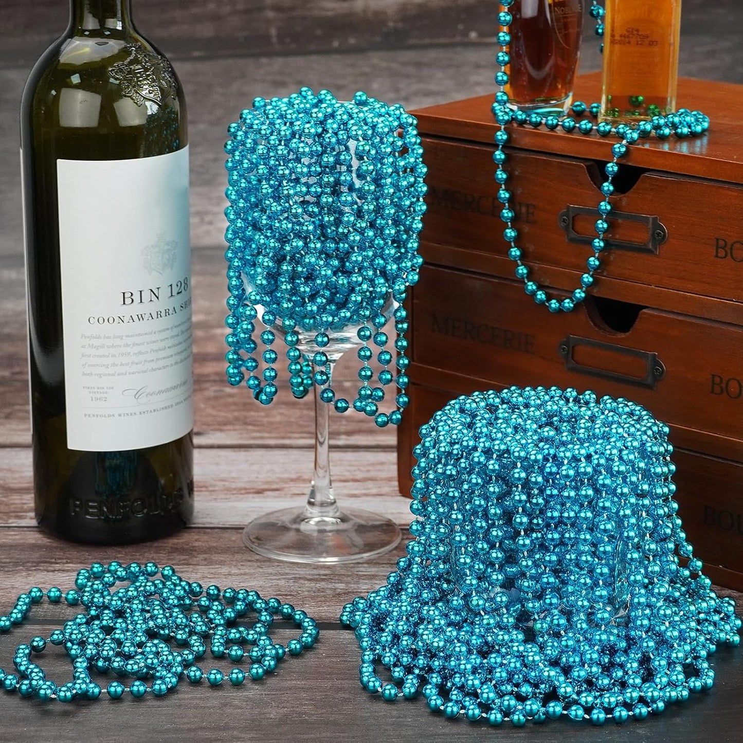 YAXINRUI 24 PCS Teal Bead Necklaces, Teal Mardi Gras Beads, 33 Inch Round Beaded Necklaces School Spirit Day Necklace for Mardi Gras Party Christmas Festive Events, Party Favors