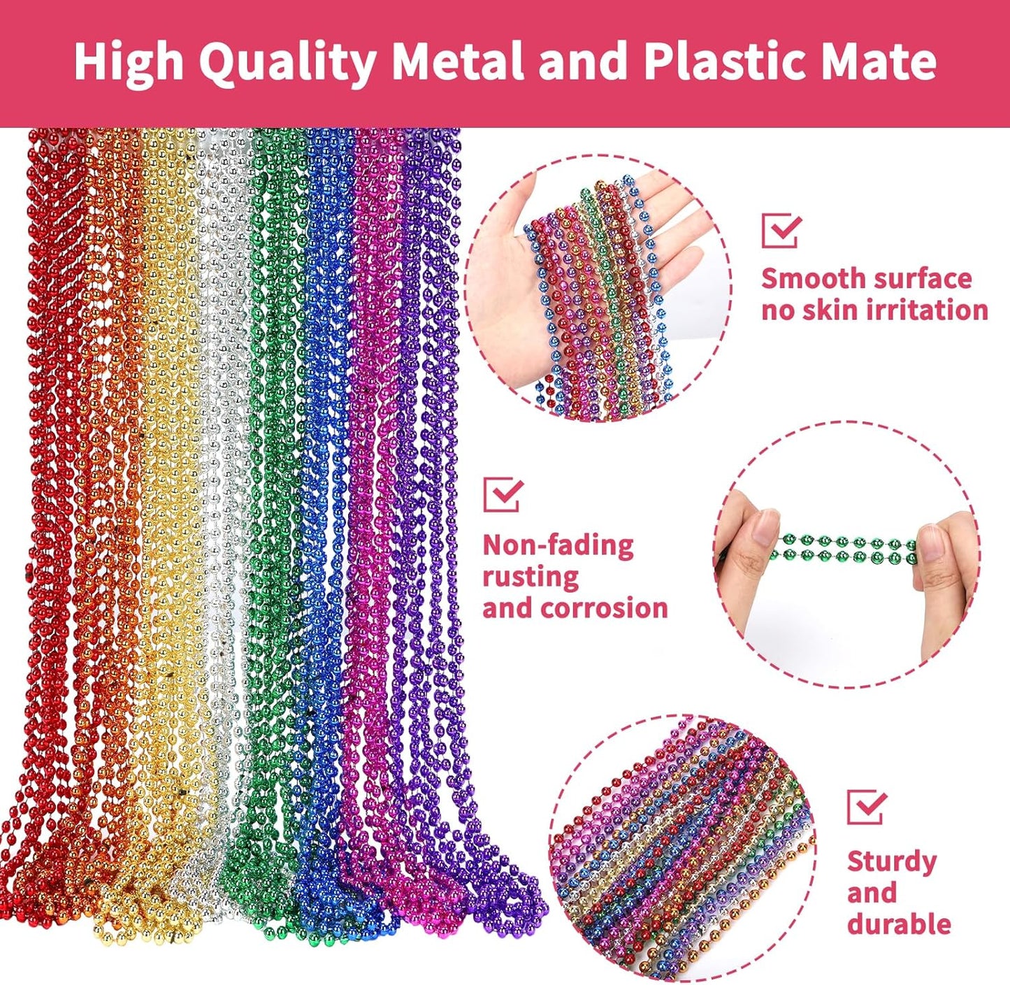 48 Pack Mardi Gras Beads Necklaces, 33 Inch Plastic Beads for Party Favors, Festival Decorations, Parade Throws, Christmas, St. Patrick's Day Celebrations