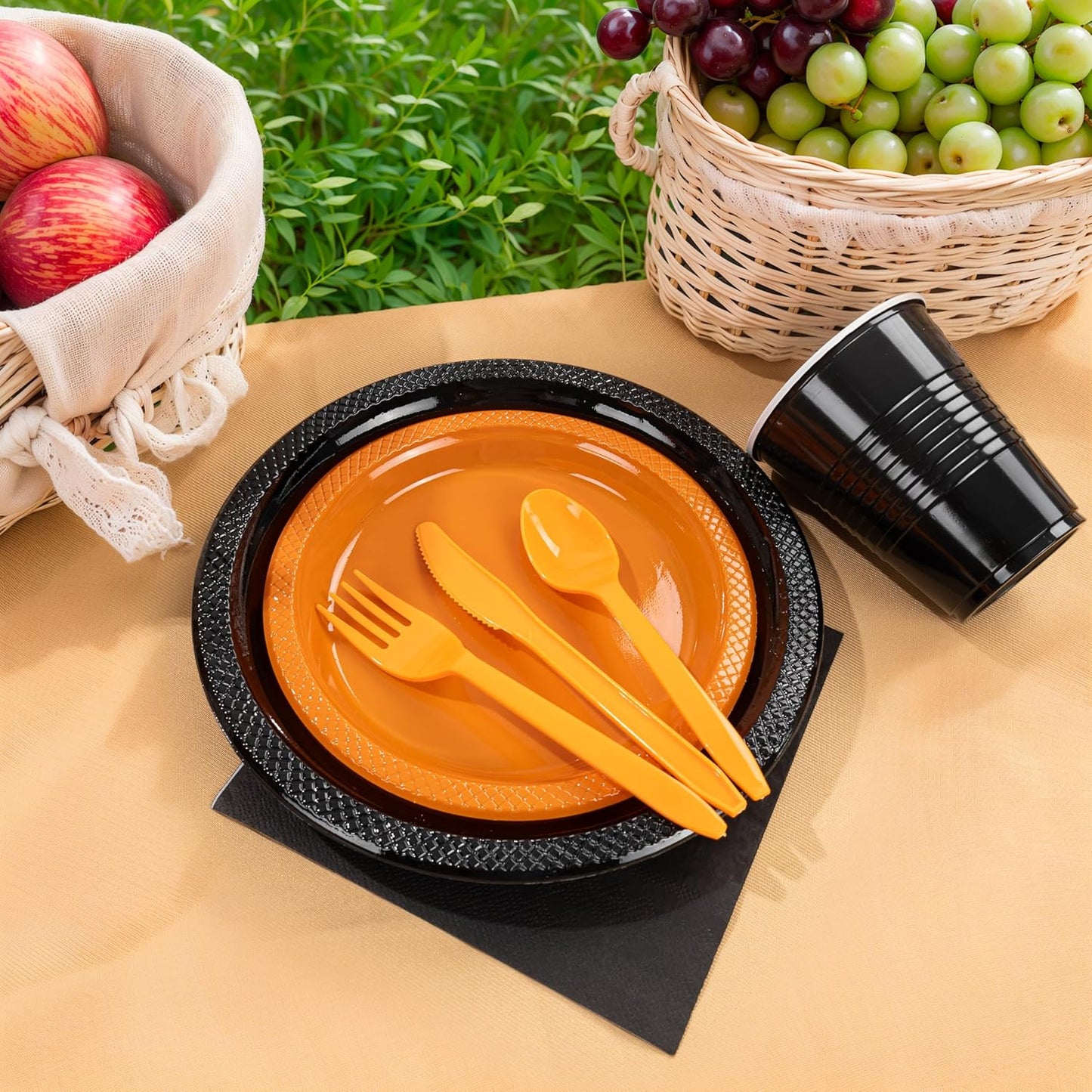 MirthMood 350PCS black and orange Plastic Plates,Black Disposable Plates –Plastic Plates Set Includes 50 Dinner,50 Dessert Plate,50 Cup&50 Napkins, 50 orange Silverware for Wedding& Parties& Halloween