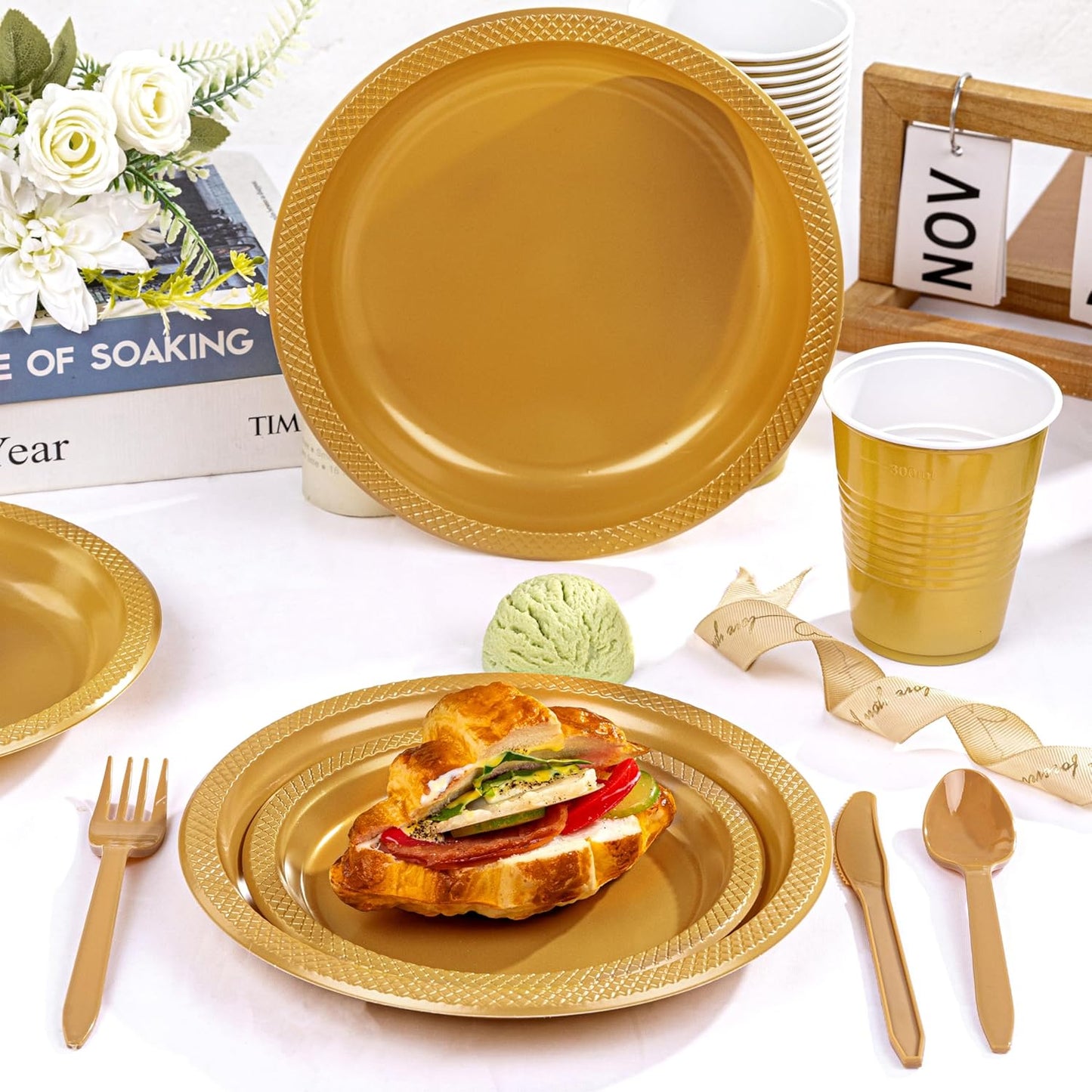 WELLIFE 210Pcs Gold Plastic Plates, Disposable Dinnerware Set,Party Supplies Including Gold plates, 12OZ Cups, Plastic Cutlery and Paper Napkins Serve 30 Guests
