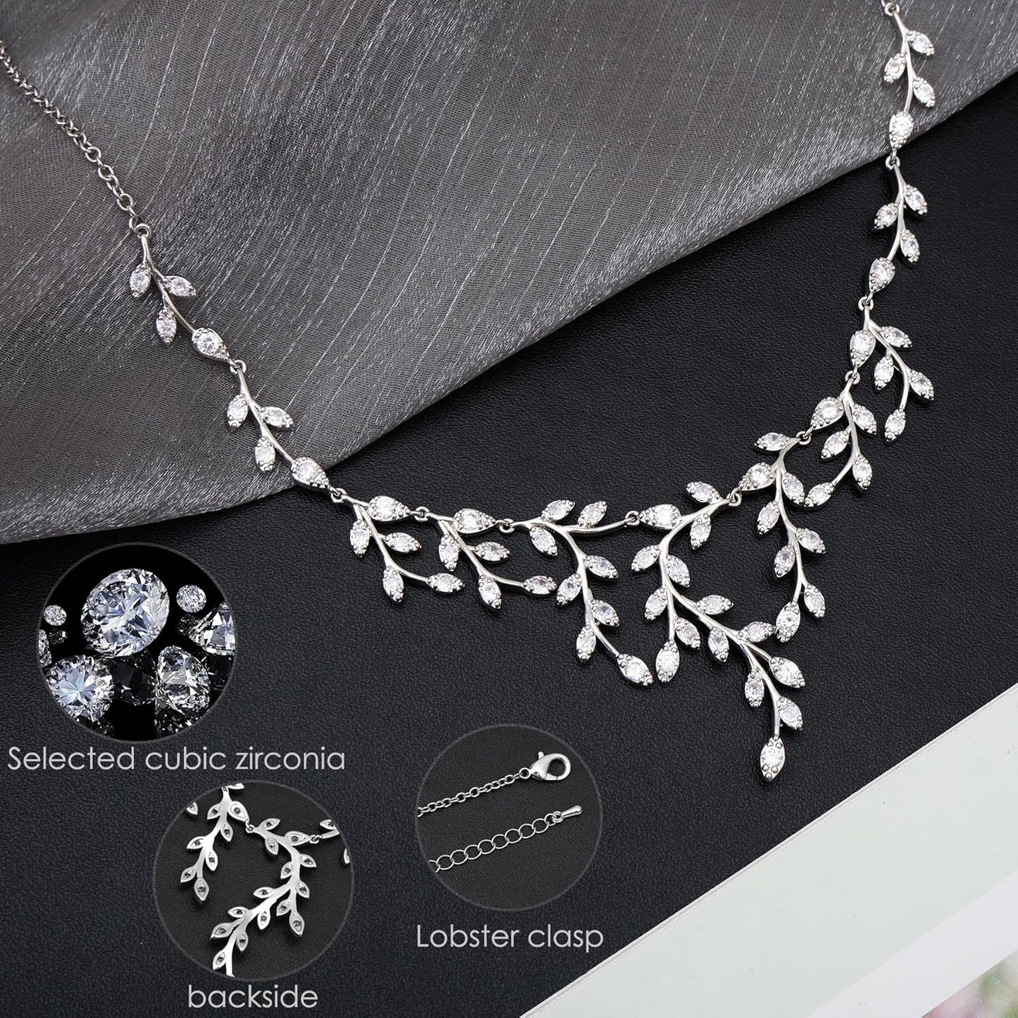 CSY Luxury Bridal Necklace Earrings Bracelet Set Cubic Zirconia Wedding Jewelry for Bride Bridesmaids CZ Plants Vine Platinum Jewelry Set Women