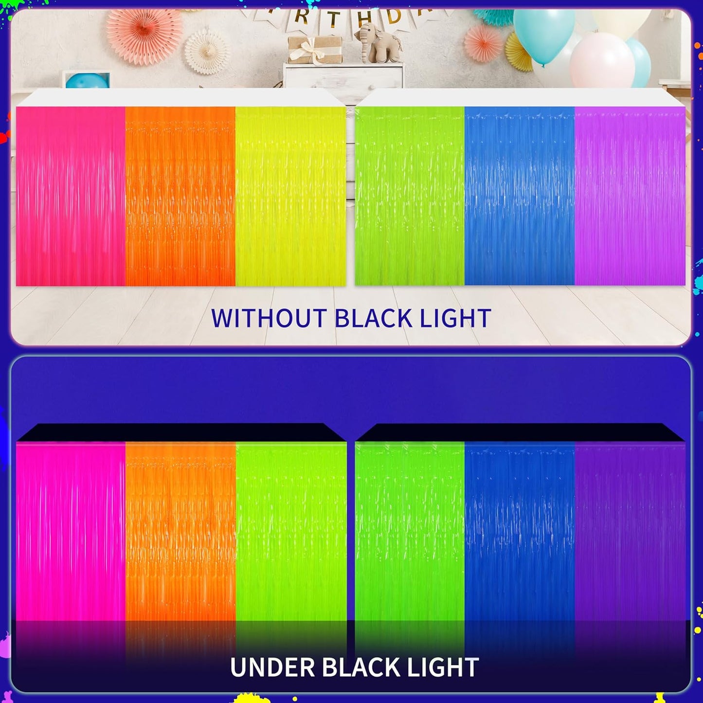 Glow in The Dark Tinsel Fringe Table Skirt - 2 Pack Neon Foil Party Decor, 31.5"x118" UV Reactive Fringe Skirt for Rave, Wedding, Birthday Backdrop - 6 Vibrant Colors