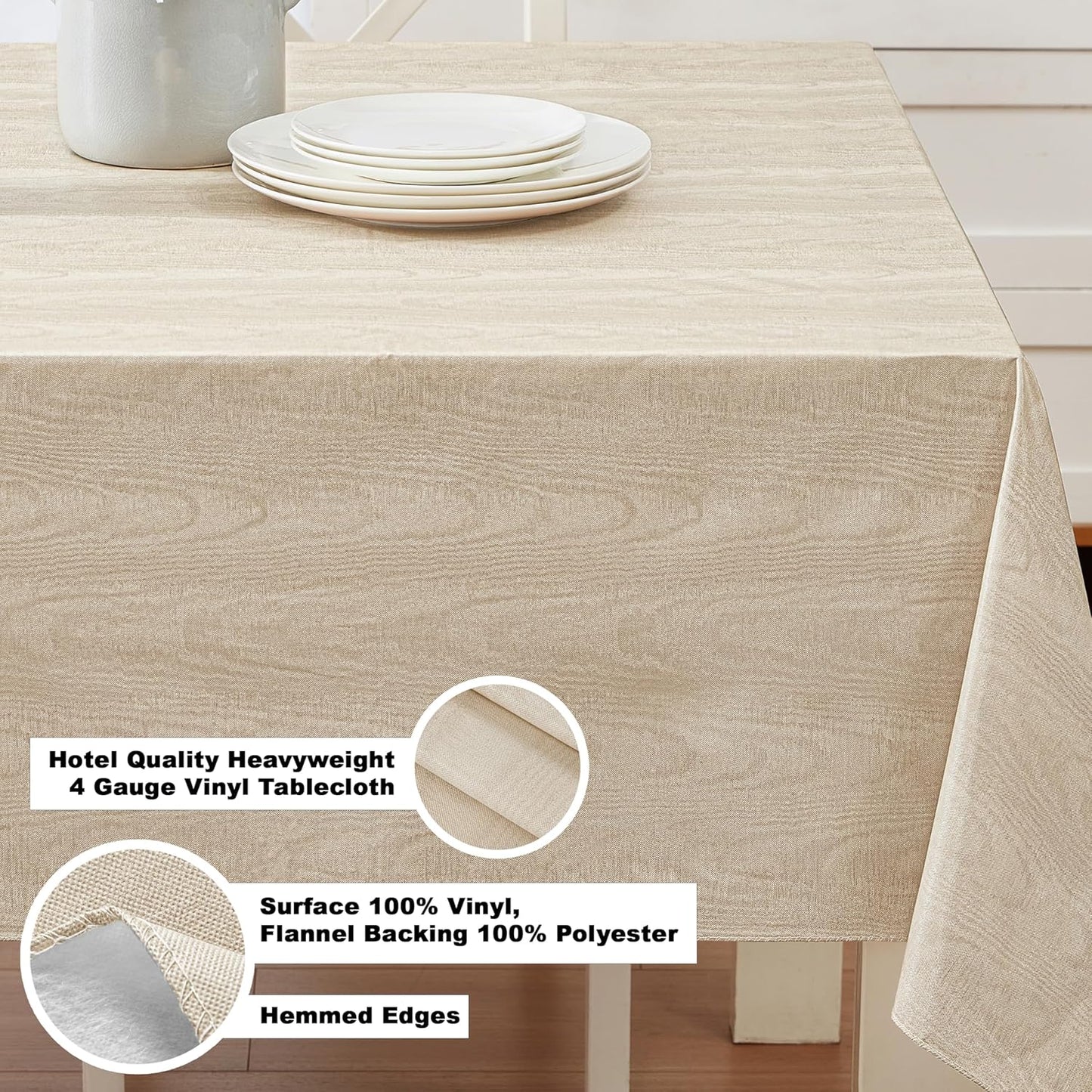 Newbridge Vinyl Flannel Backed Tablecloth, 52 x 70 Inch Rectangle, Taupe Moire Wavy Solid Design, Heavyweight Indoor Outdoor Waterproof Table Cover, Easy Care Wipe Clean