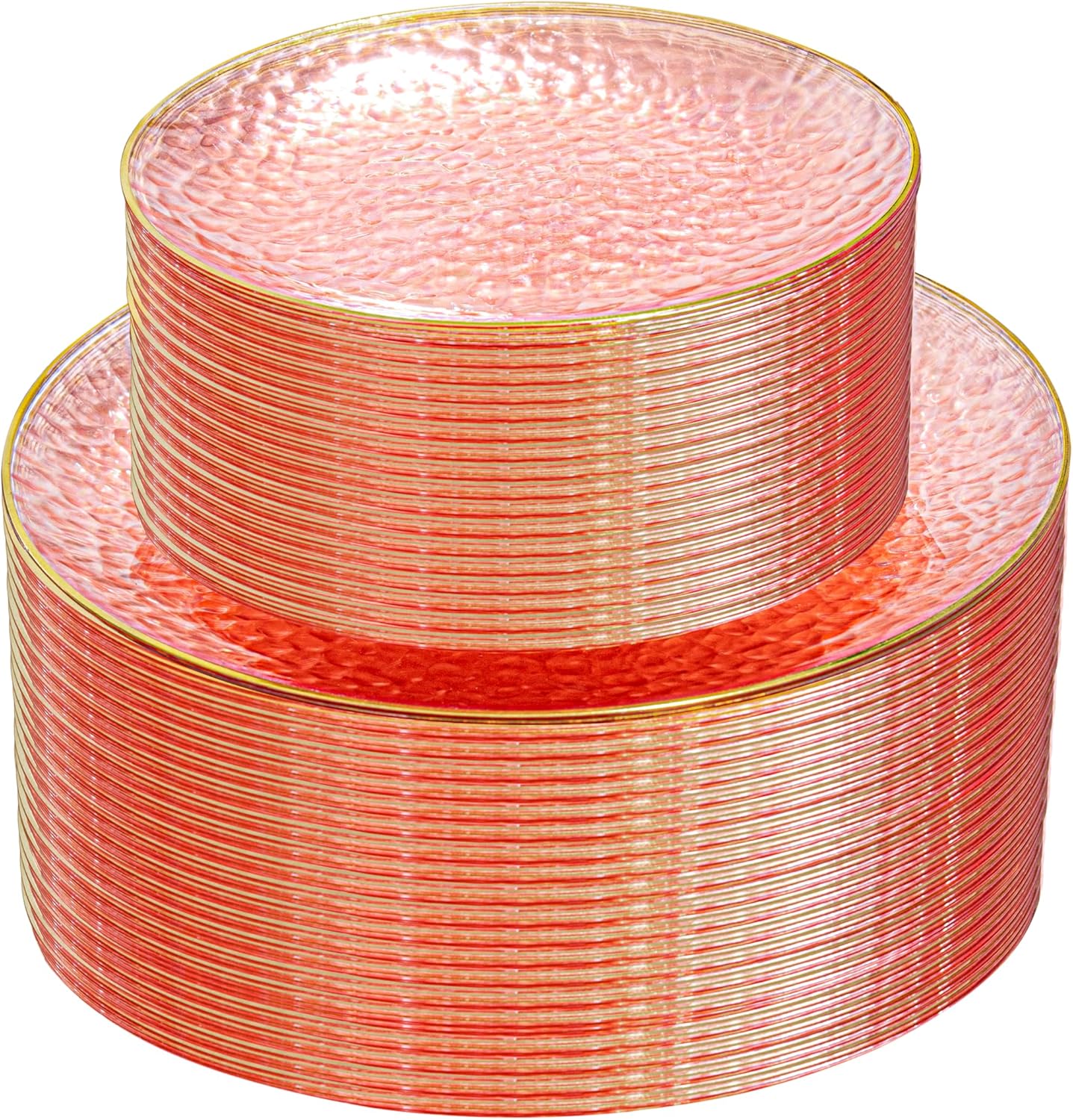 SUT 100Pcs Pink Plastic Plates, Hammered Plates Disposable Heavy Duty, Pink Disposable Plates With Gold Rim, Fancy Plastic plates Include 50 Dinner and 50 Dessert plates for Wedding