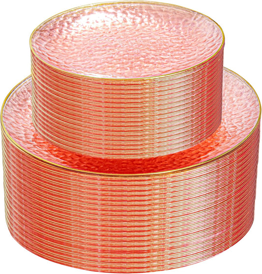 SUT 100Pcs Pink Plastic Plates, Hammered Plates Disposable Heavy Duty, Pink Disposable Plates With Gold Rim, Fancy Plastic plates Include 50 Dinner and 50 Dessert plates for Wedding