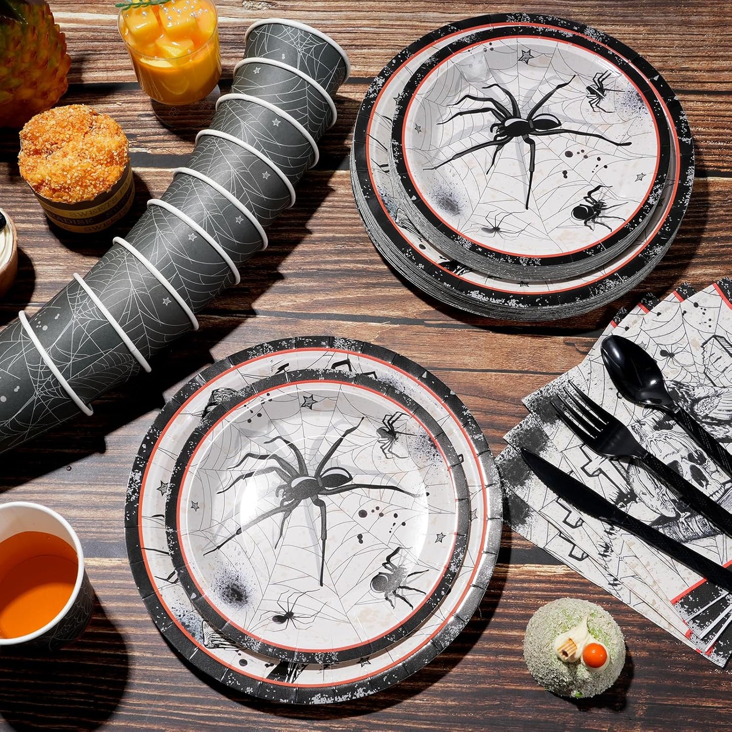 Halloween Party Plates Supplies,Disposable Vintage Skull,Spider Web Tableware Paper Plates and Napkins Cups Knives Spoons Forks for Halloween Birthday Baby Shower Party Decorations,Serve 50 Guests