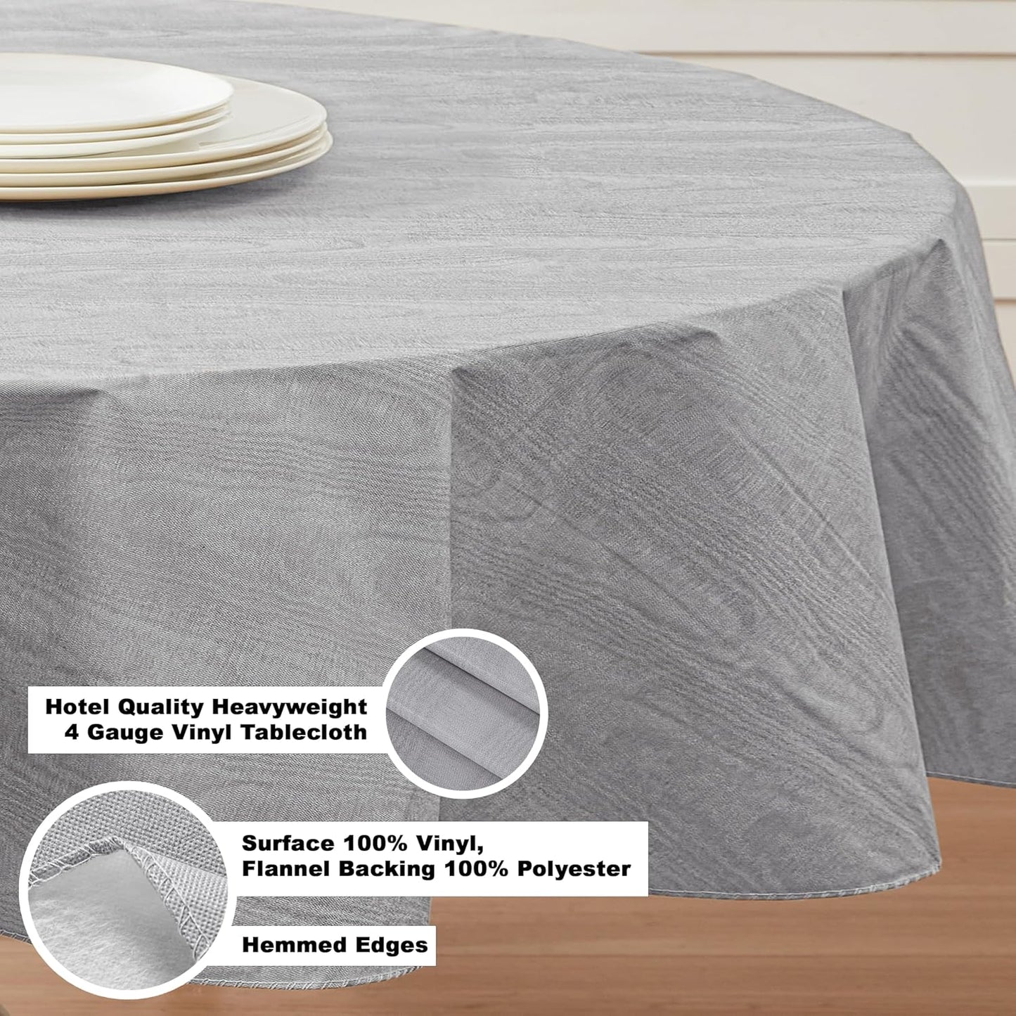Newbridge Vinyl Flannel Backed Tablecloth, 60 x 84 Inch Oval, Grey Moire Wavy Solid Design, Heavyweight Indoor Outdoor Waterproof Table Cover, Easy Care Wipe Clean