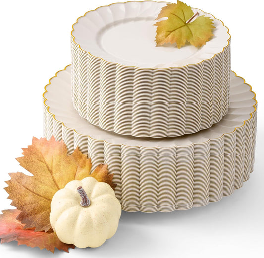 By Madee HEAVYWEIGHT 100 Pc Thanksgiving Plastic Plates for Party – Ivory Scalloped Plates with Gold Trim Disposable Plates for Fall Parties, Weddings & Friendsgiving (50 Guests)
