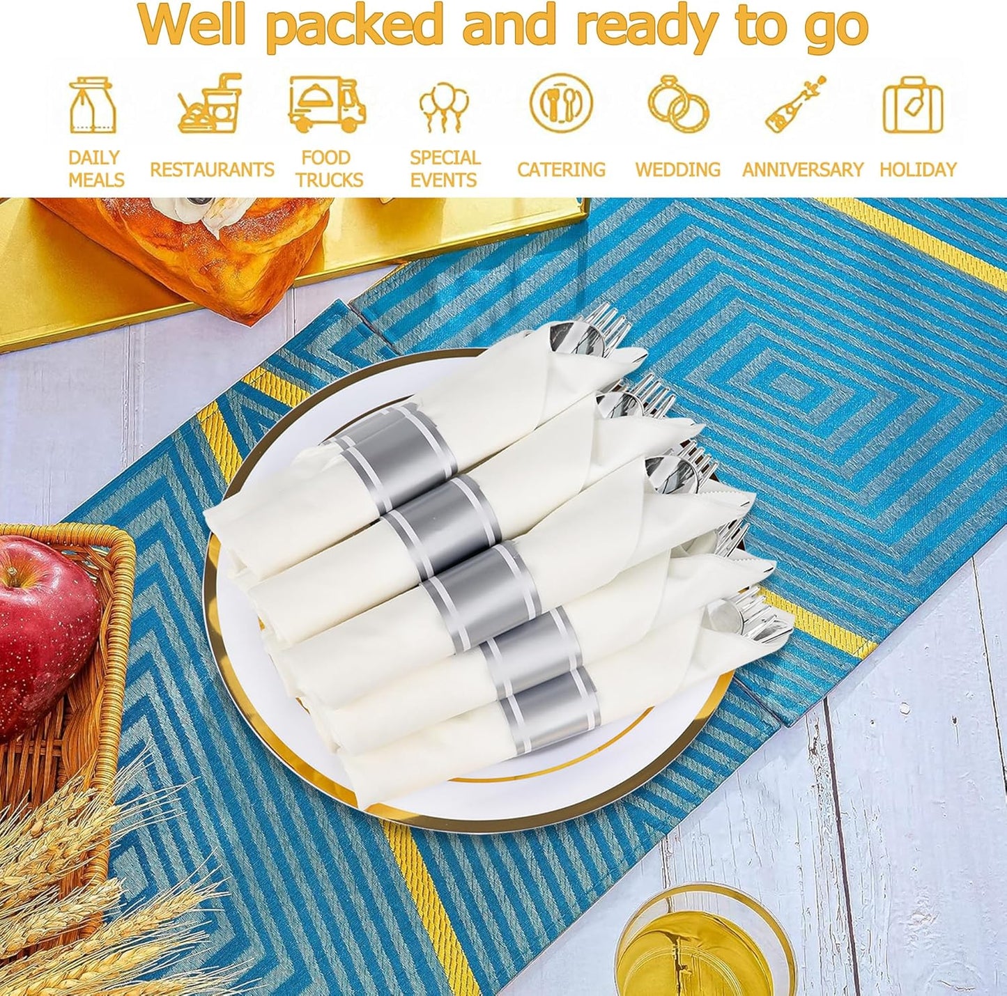 50 Pack Pre Rolled Silver Plastic Silverware Set,Wrapped Plastic Cutlery Set with Napkin Include 50 Forks,50 Spoons,50 Knives and 50 White Napkins for Party,Wedding