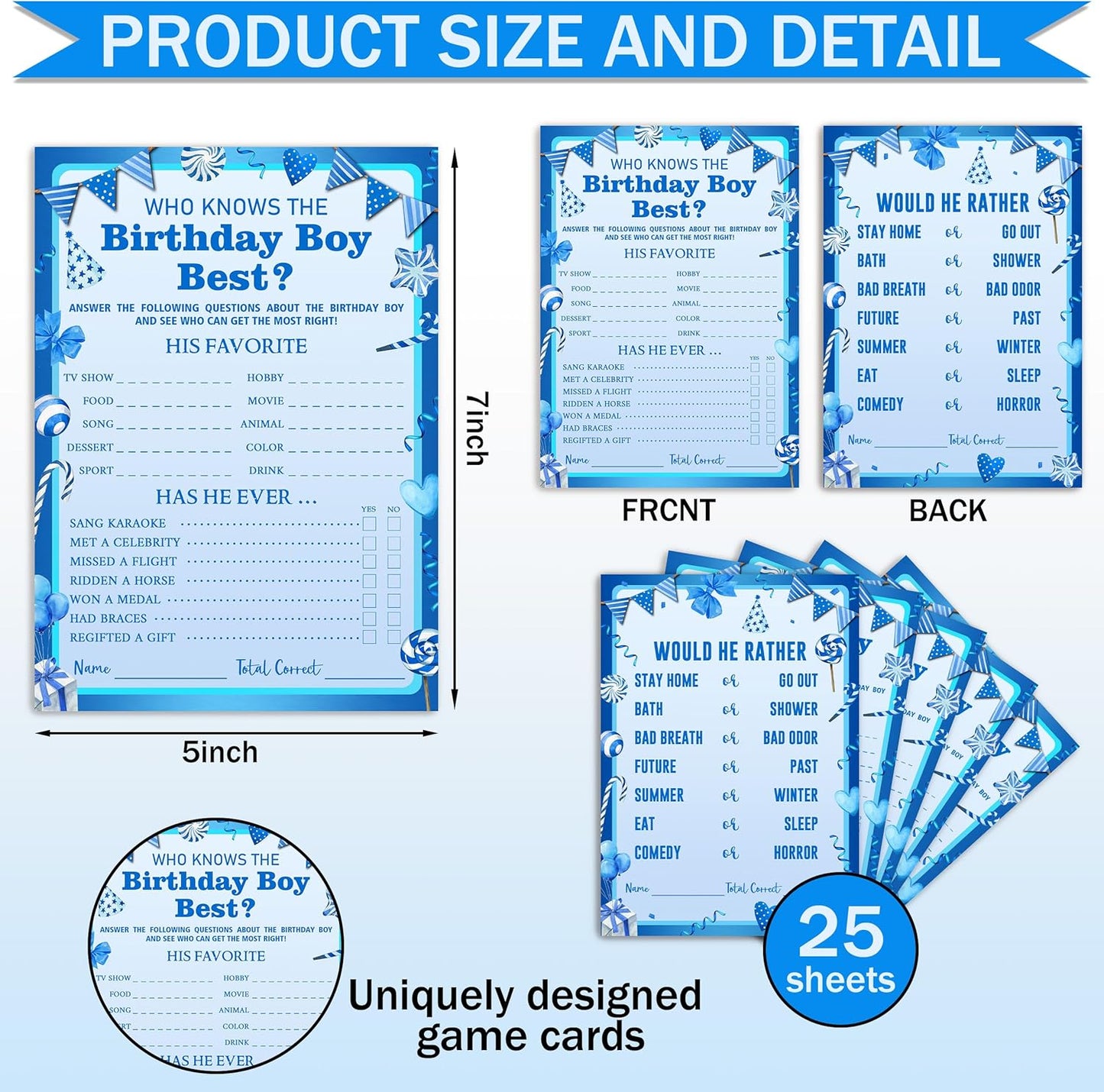 Who Knows The Birthday Boy Best Game Cards - Birthday Sleepover Party Supplies Activity Decorations for The Boy Card Game 5x7 Inch Set of 25 Cards (Double-Sided) - A02