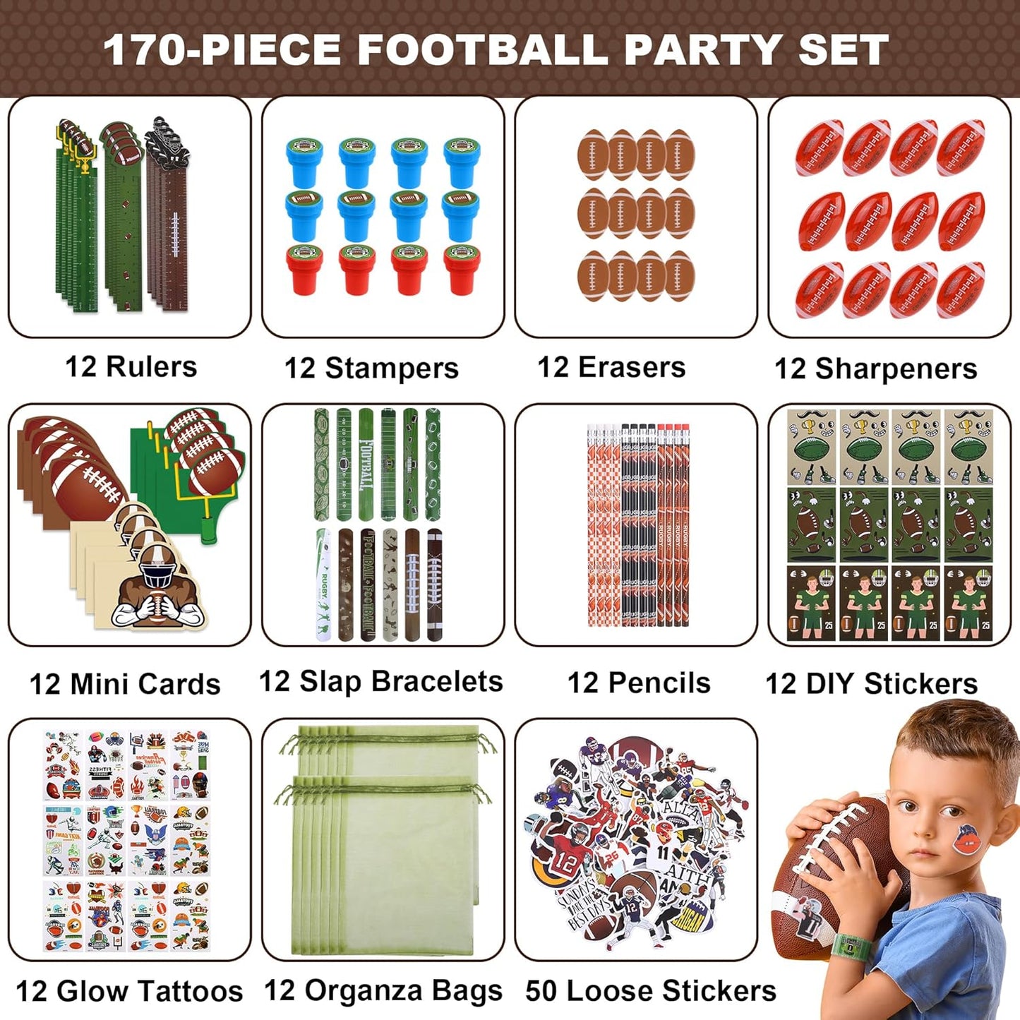 Aneco 170 Piece Football Party Favor Set Football Goodie Bag Stuffers Mini Card Pencil Sharpener Eraser Stamp Slap Bracelet Sticker School Stationery Bulk for Sport Party Team Game Prize Birthday Gift