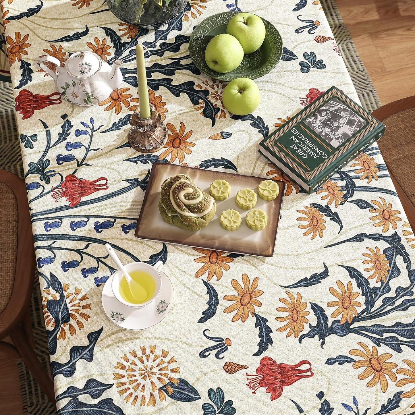 French Vintage Rectangular Tablecloth,Linen Tablecloth with Gold and Red Floral Pattern,Decorative Table Cover for Kitchen,Dining,Thanksgiving,Christmas,Party,55"*87"-Tijuana