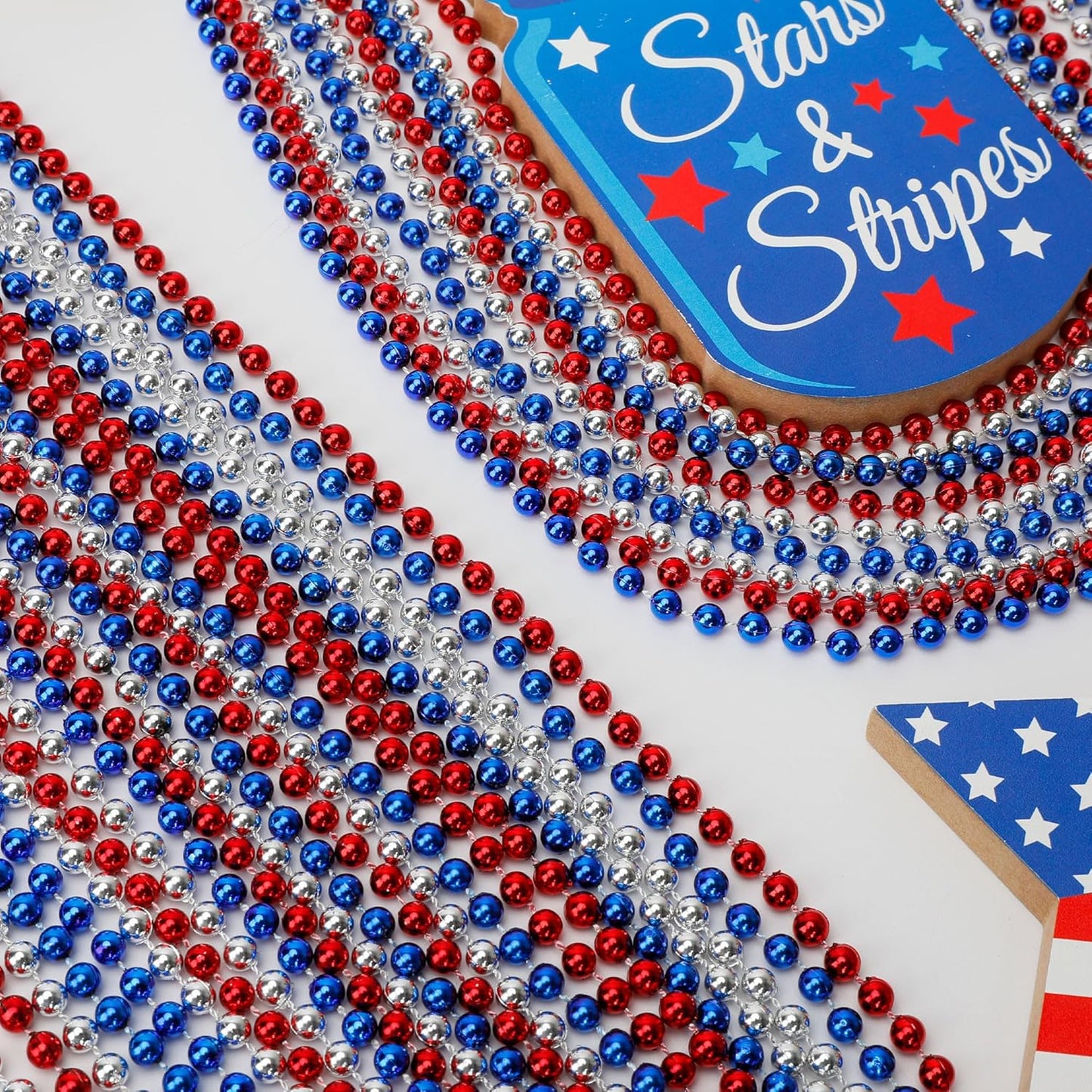 200 PCS Beads Necklace, 33" Metallic Patriotic Necklace, Red Blue Silver Fourth of July Beads Accessories Party Supplies for Adult Kids 4th of July Independence Day Memorial Day Veterans Day